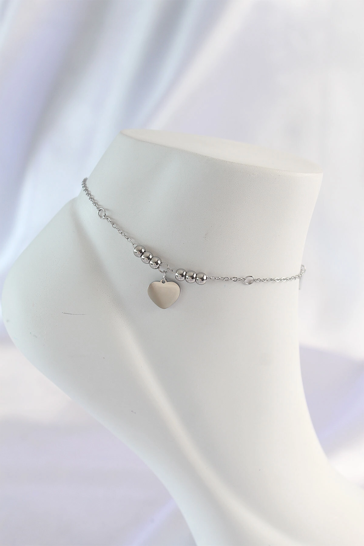 316L Çelik Gümüş Renk Zirkon Taş Detay Kalpli Halhal-0