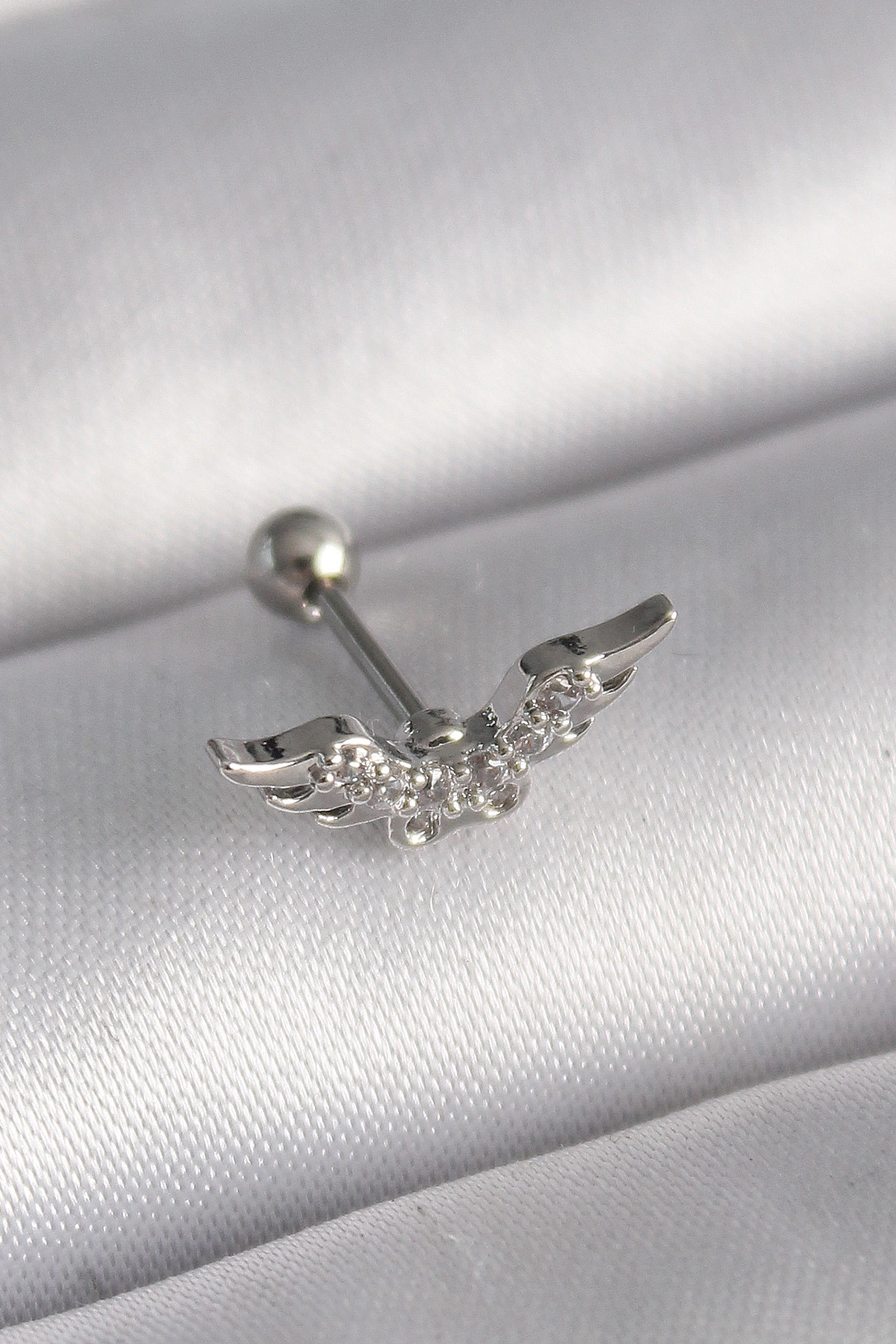 316L Çelik Gümüş Renk Zirkon Taş Detay Kanat Model Tragus Piercing-0