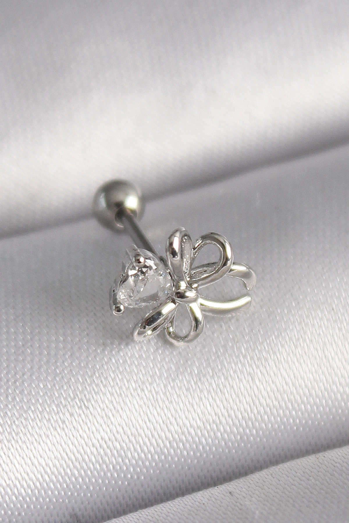 316L Çelik Gümüş Renk Zirkon Taş Detay Kurdele Model Tragus Piercing-0