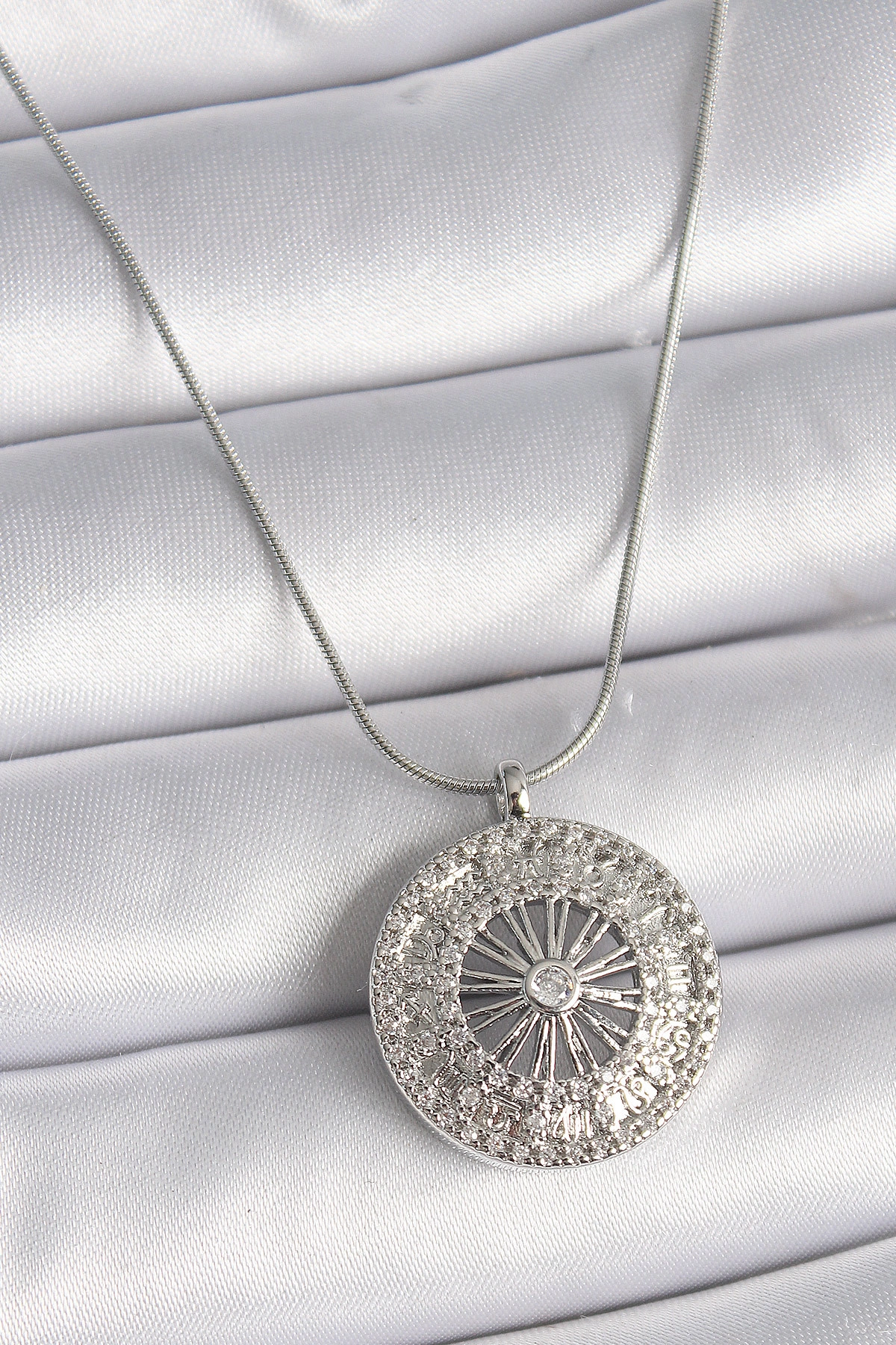 316L Çelik Gümüş Renk Zirkon Taşlı 12 Burç Madalyon Model Kadın Kolye-0