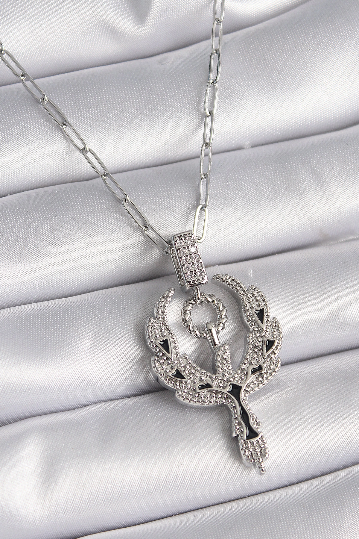 316L Çelik Gümüş Renk Zirkon Taşlı Anka Kuşu Model Kadın Kolye-0