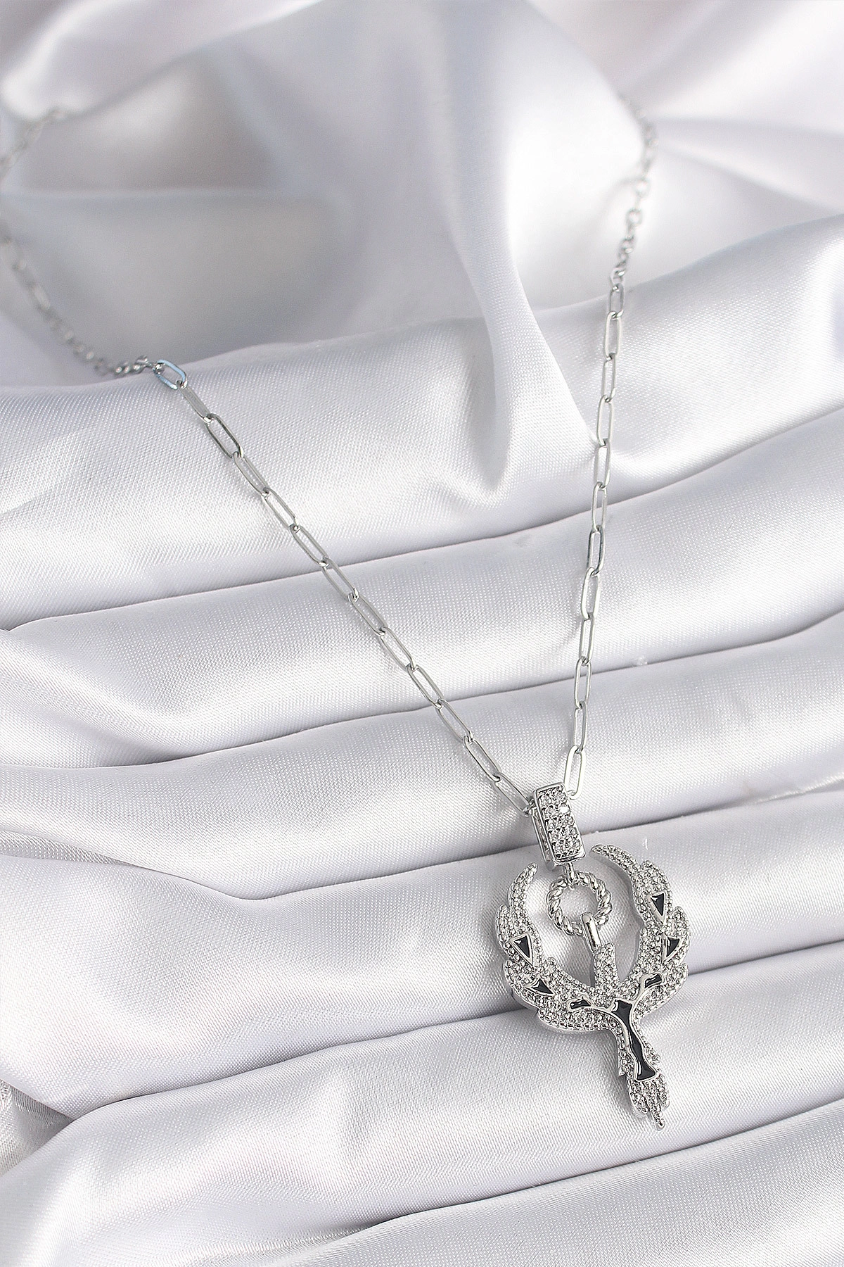 316L Çelik Gümüş Renk Zirkon Taşlı Anka Kuşu Model Kadın Kolye-1