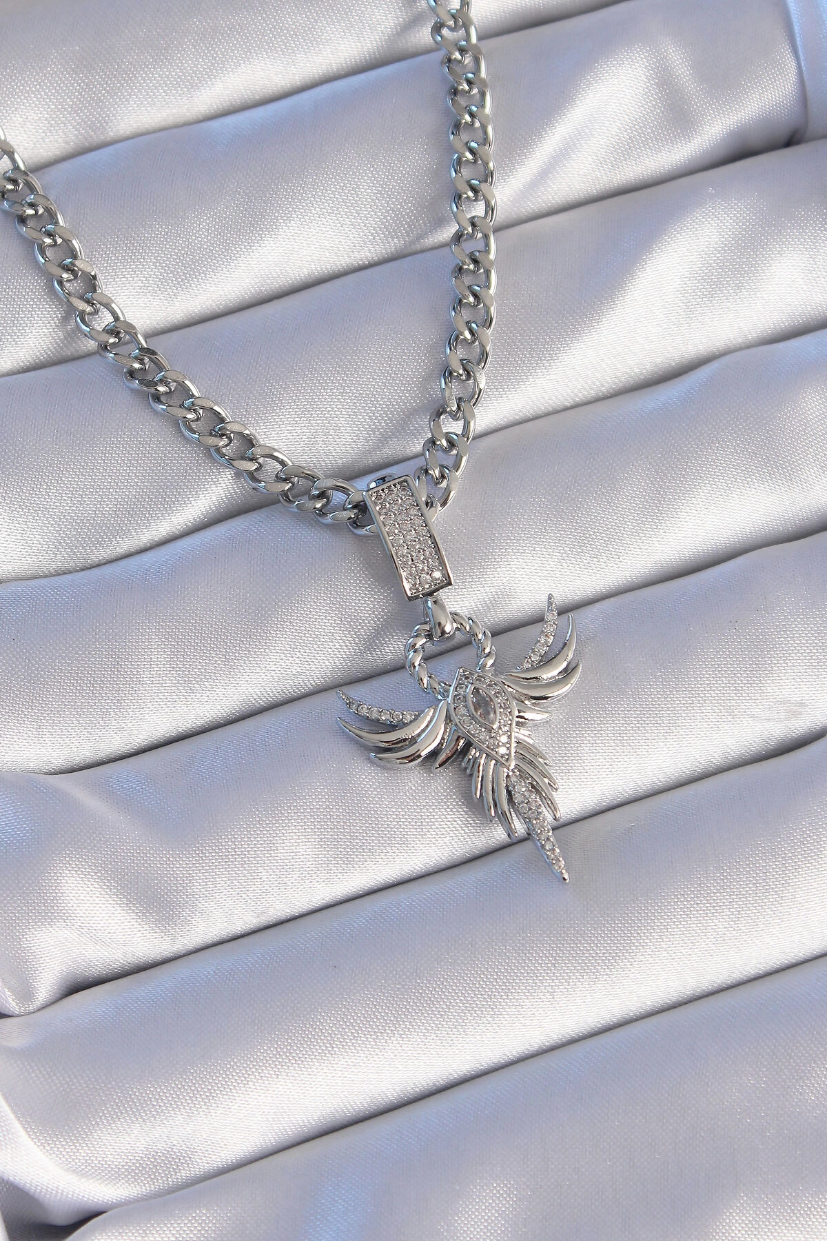 316L Çelik Gümüş Renk Zirkon Taşlı Anka Kuşu Model Kolye-0