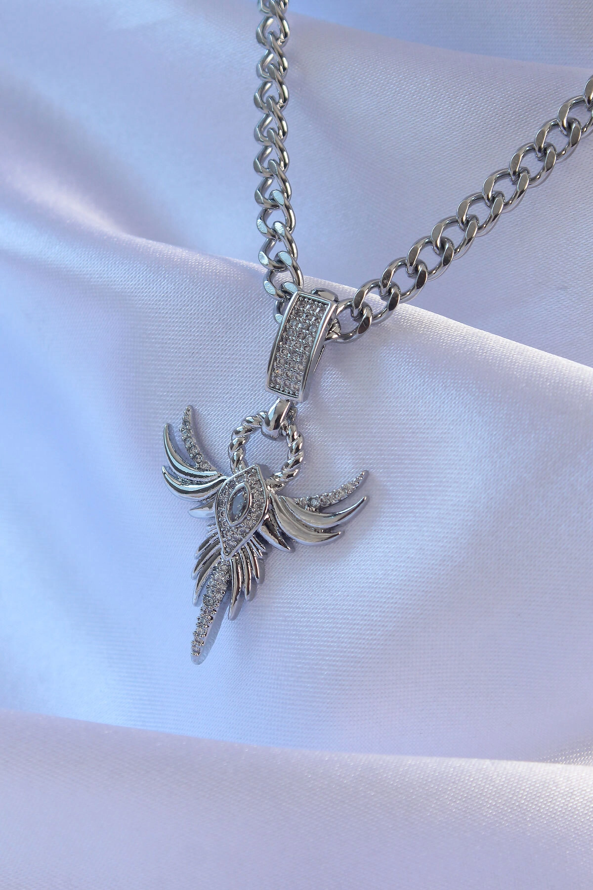 316L Çelik Gümüş Renk Zirkon Taşlı Anka Kuşu Model Kolye-1