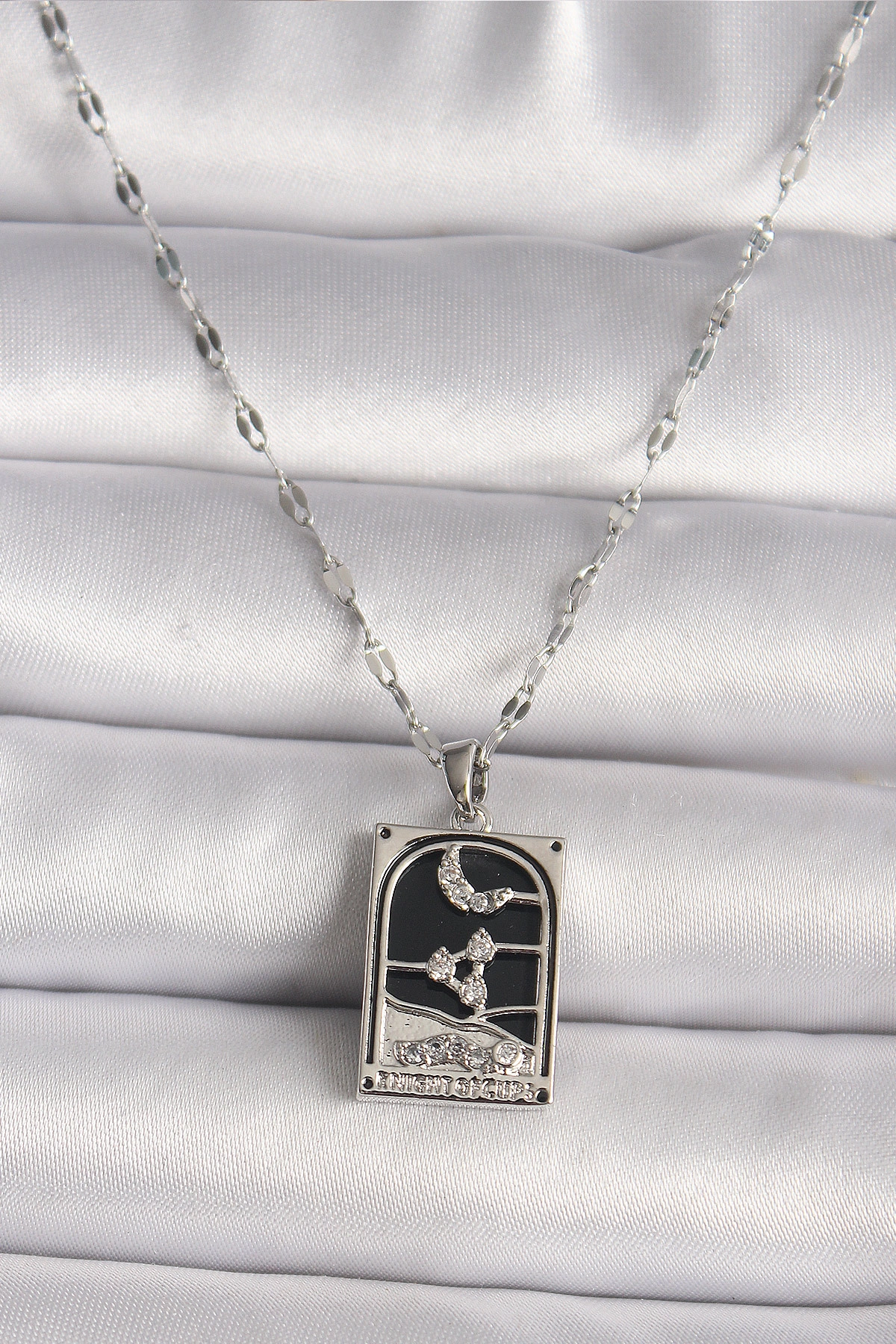 316L Çelik Gümüş Renk Zirkon Taşlı Ay Figürlü Taror Model Kadın Kolye-0