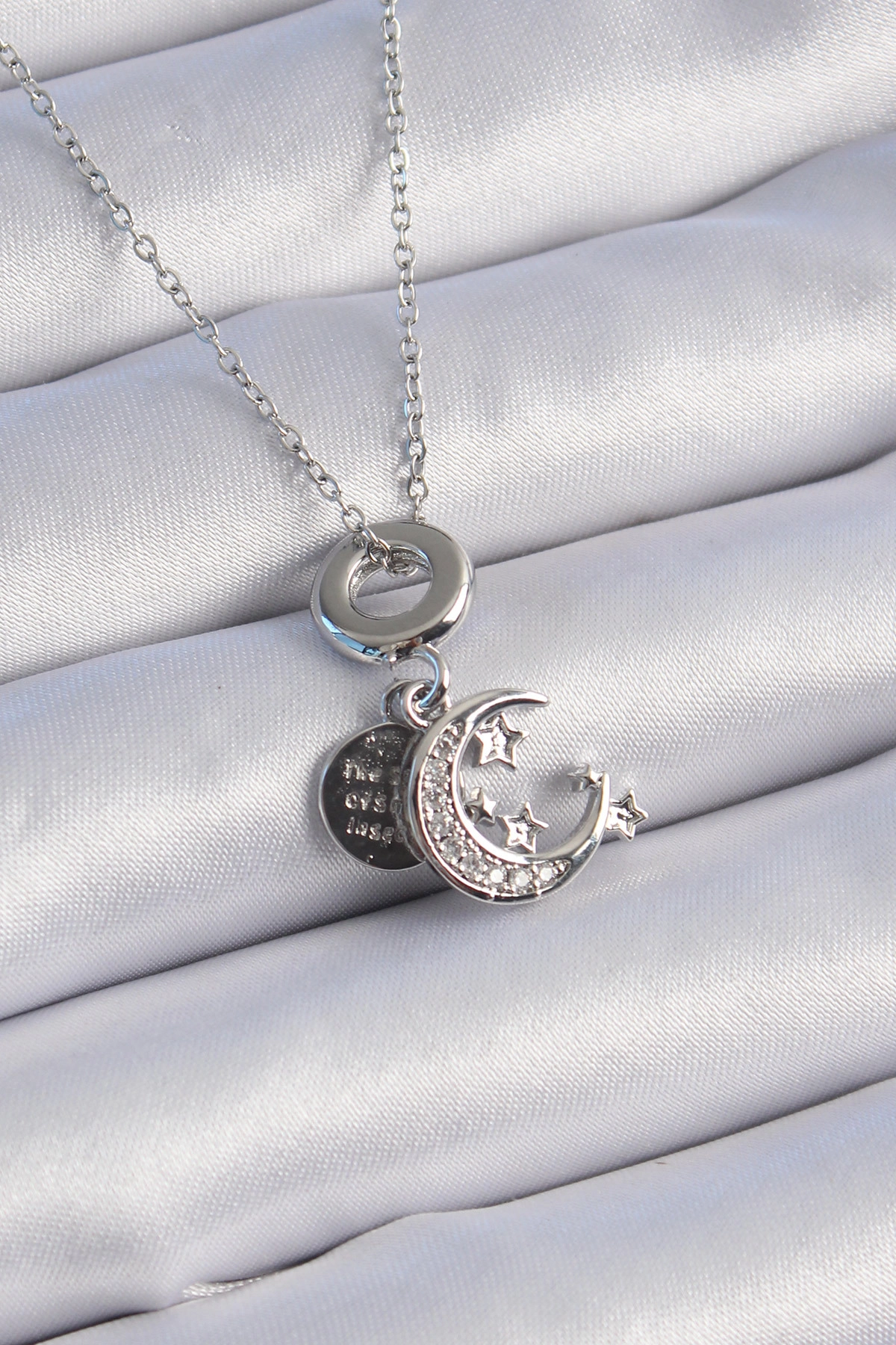 316L Çelik Gümüş Renk Zirkon Taşlı Ay Yıldız Figür Charm Model Kadın Kolye-0