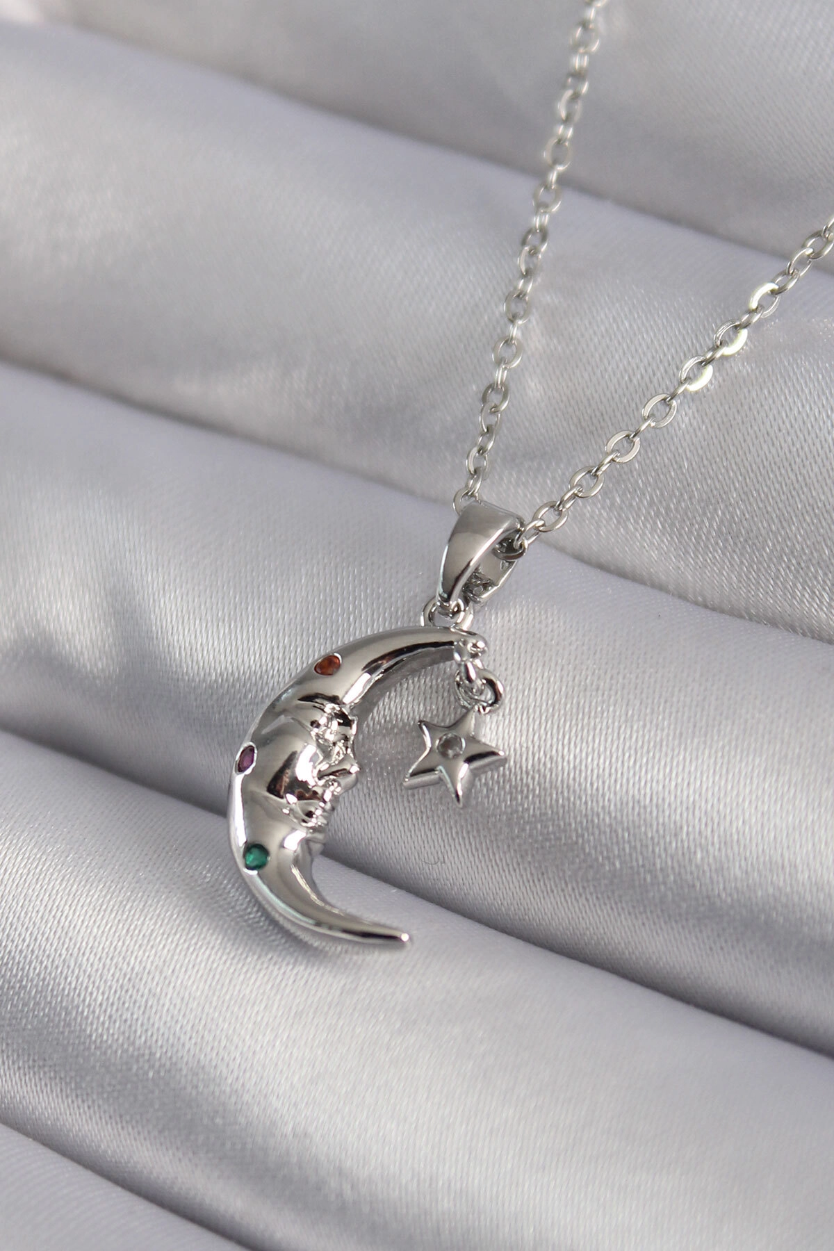 316L Çelik Gümüş Renk Zirkon Taşlı Ay Yıldız Model Kadın Kolye-0