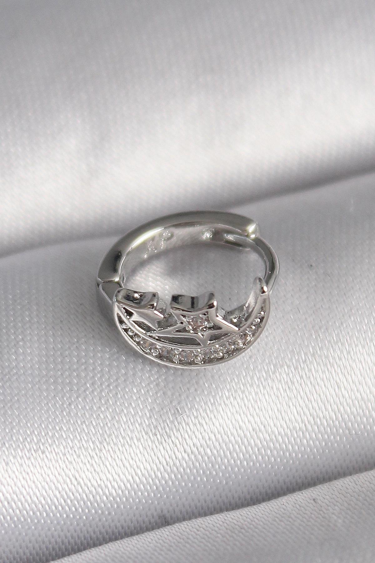 316L Çelik Gümüş Renk Zirkon Taşlı Ay Yıldız Model Tragus Piercing-0