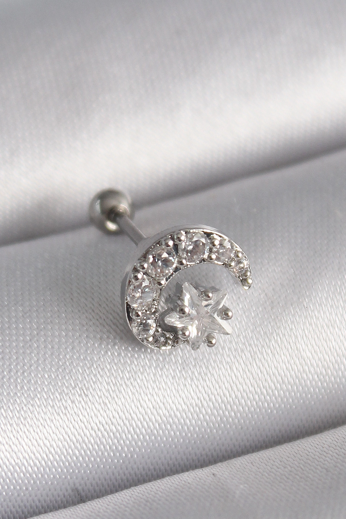 316L Çelik Gümüş Renk Zirkon Taşlı Ay Yıldız Tragus Piercing-0