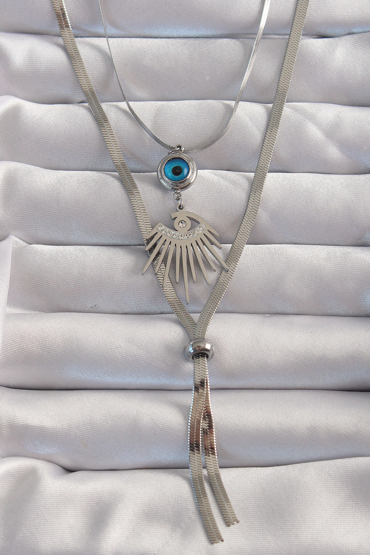 316L Çelik Gümüş Renk Zirkon Taşlı Göz Detay Nazarlı Uzun Asansör Model Kolye-0