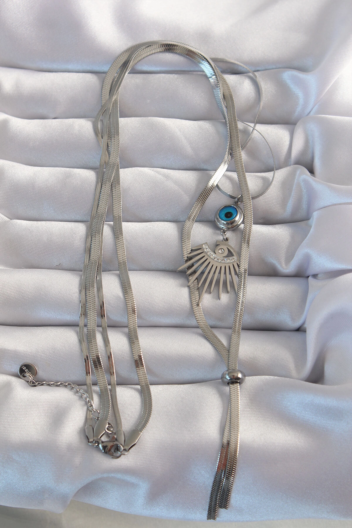 316L Çelik Gümüş Renk Zirkon Taşlı Göz Detay Nazarlı Uzun Asansör Model Kolye-1