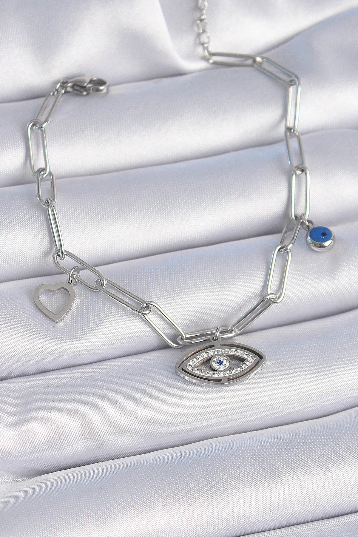 316L Çelik Gümüş Renk Zirkon Taşlı Göz Figür Kalp Detay Kadın Bileklik-0