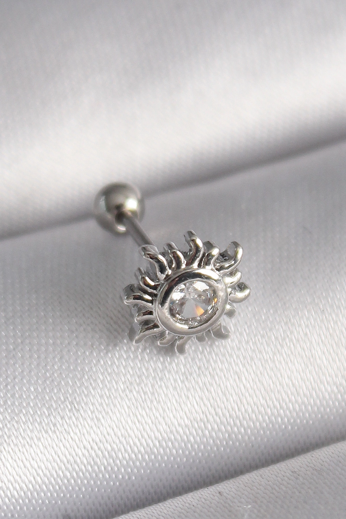 316L Çelik Gümüş Renk Zirkon Taşlı Güneş Tragus Piercing-0