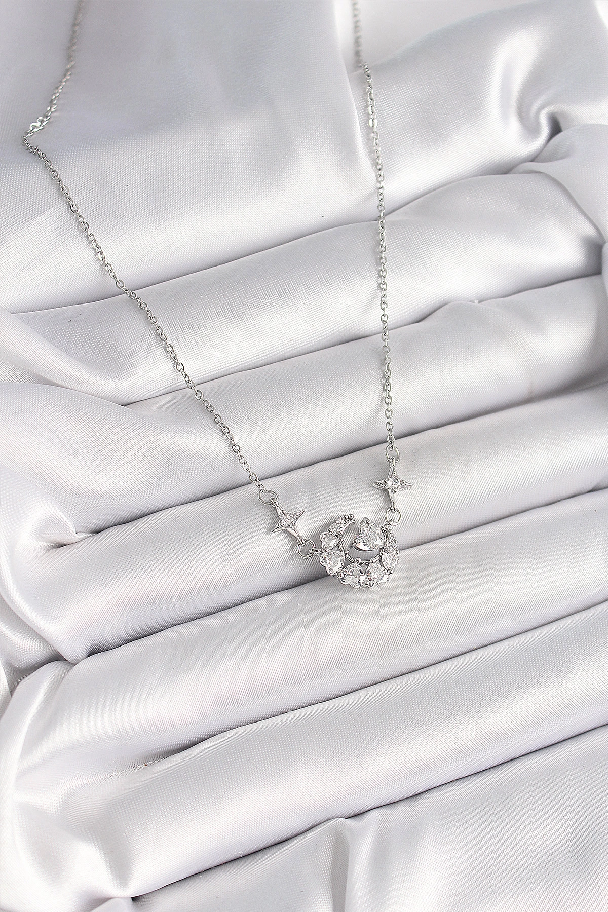 316L Çelik Gümüş Renk Zirkon Taşlı Hilal Kalp Model Kadın Kolye-1