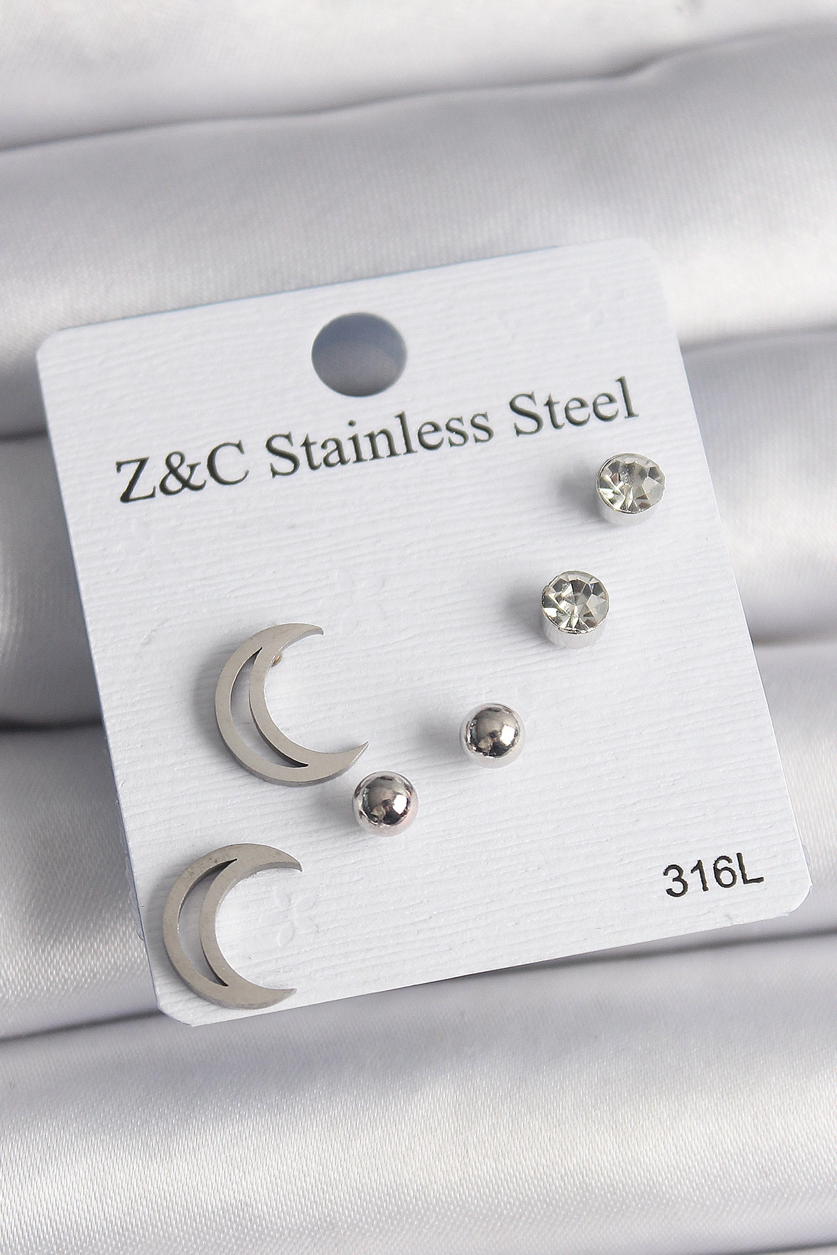 316L Çelik Gümüş Renk Zirkon Taşlı Hilal Model Kadın Küpe Seti-0