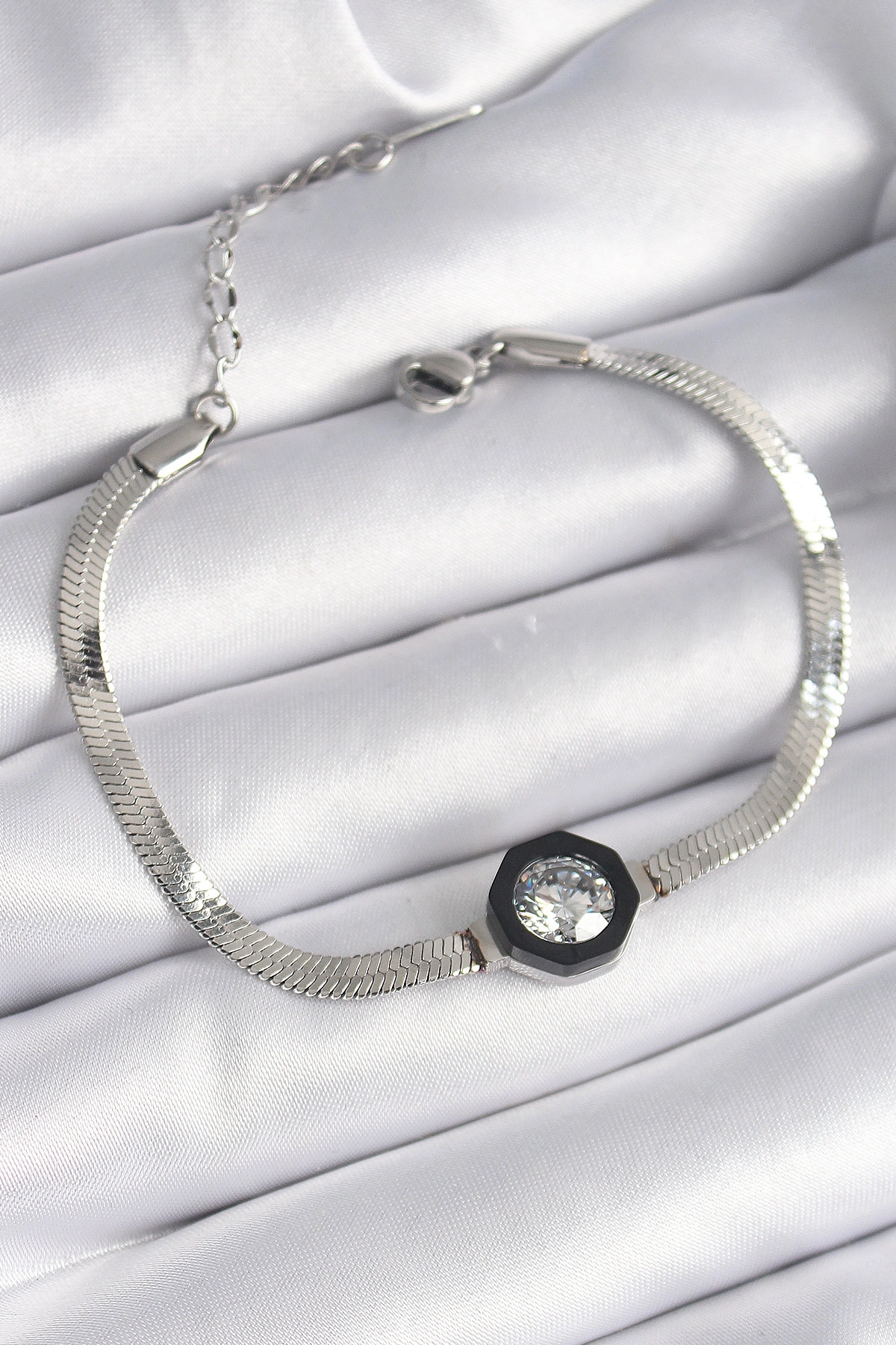 316L Çelik Gümüş Renk Zirkon Taşlı İtalyan Zincir Model Kadın Bileklik-0