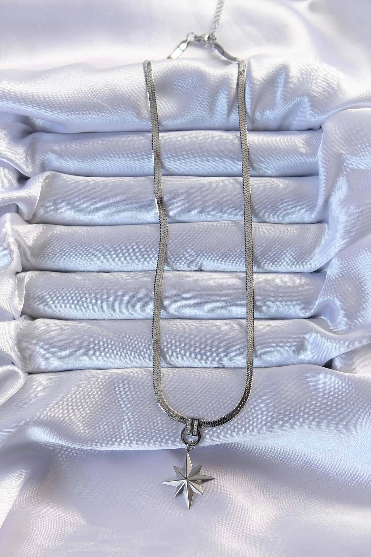 316L Çelik Gümüş Renk Zirkon Taşlı İtalyan Zincirli Kutup Yıldızı Kolye-1