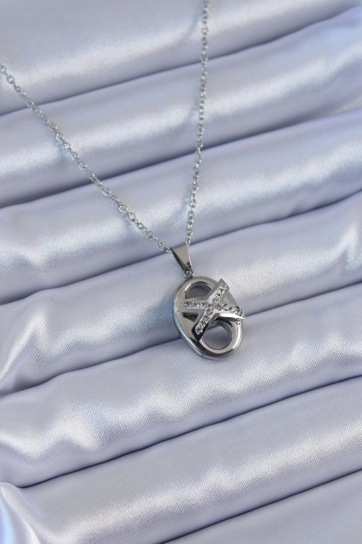 316L Çelik Gümüş Renk Zirkon Taşlı Kadın Kolye-0