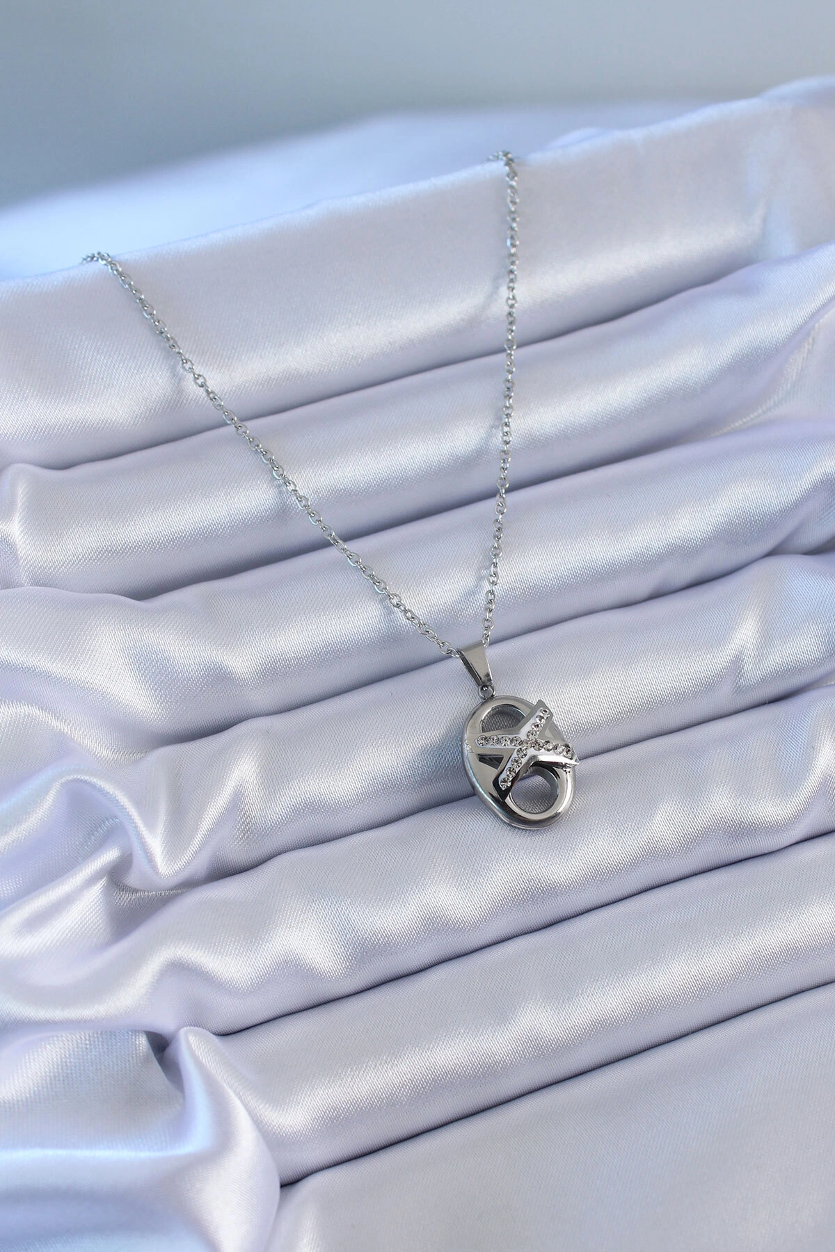 316L Çelik Gümüş Renk Zirkon Taşlı Kadın Kolye-1