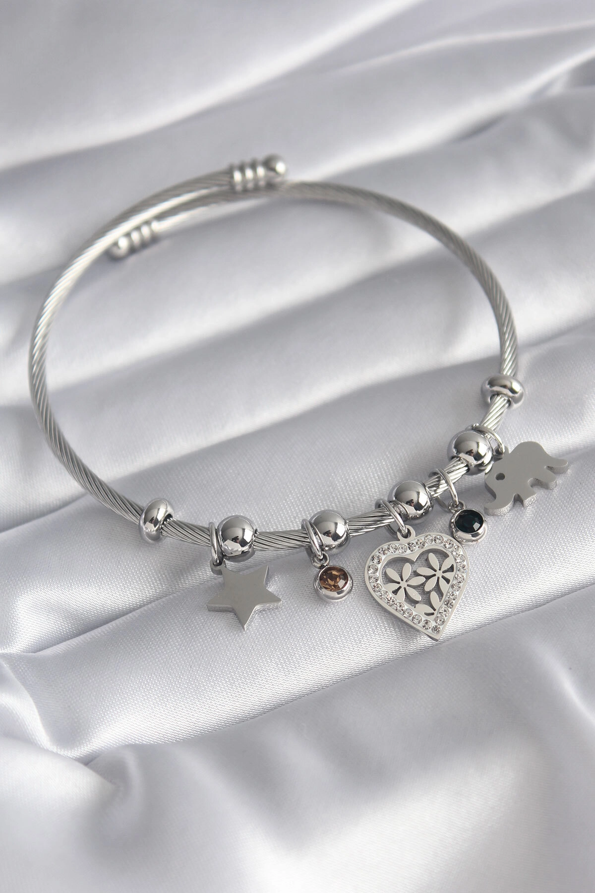 316L Çelik Gümüş Renk Zirkon Taşlı Kalp Figür Fil Detay Charm Model Kadın Bileklik-0