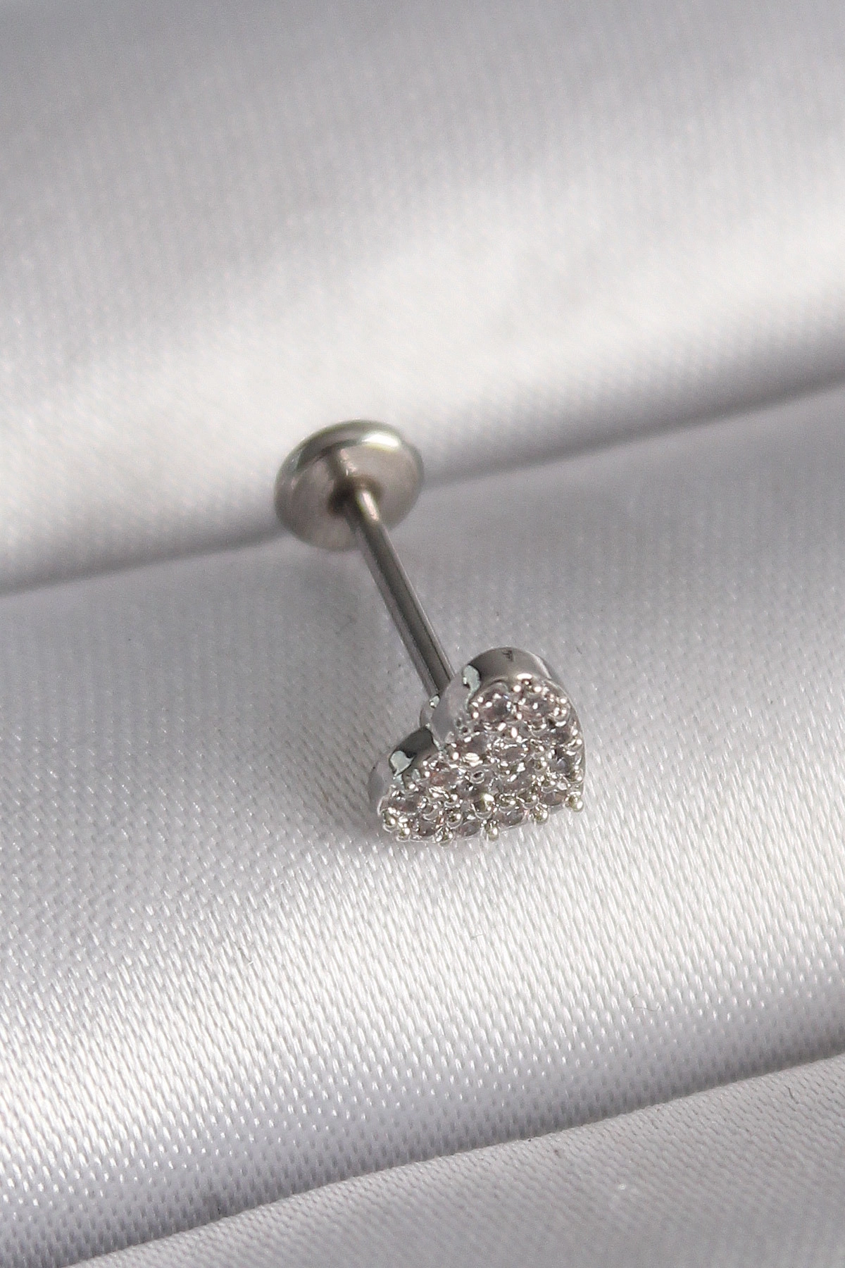 316L Çelik Gümüş Renk Zirkon Taşlı Kalp Model Tragus Piercing-0