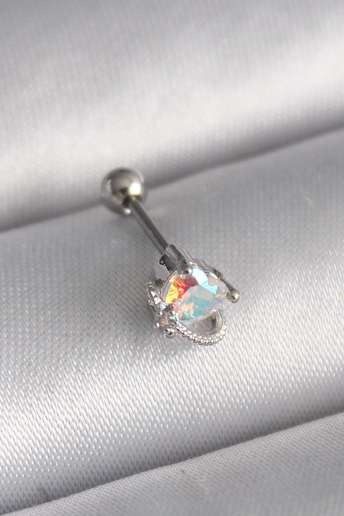 316L Çelik Gümüş Renk Zirkon Taşlı Kalp Tragus Piercing-0