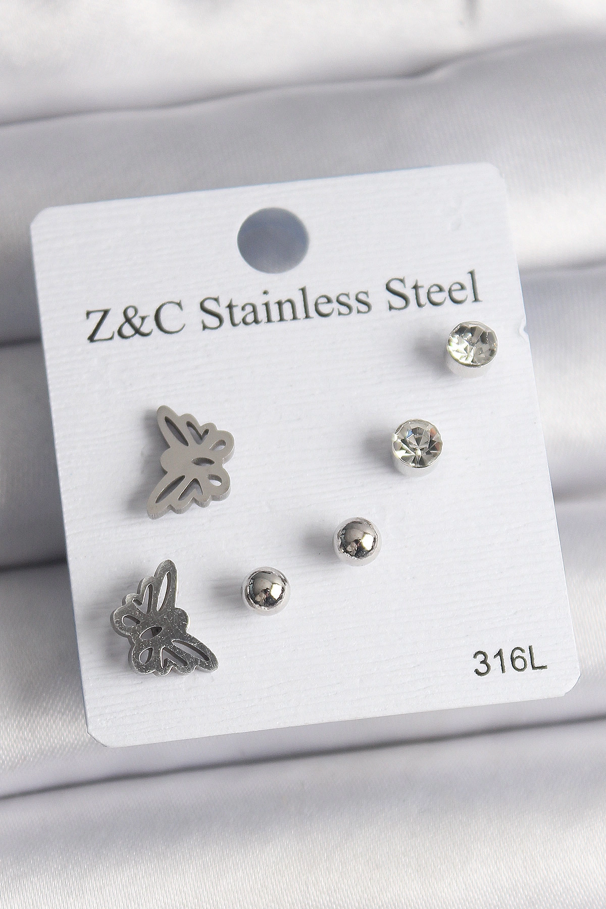 316L Çelik Gümüş Renk Zirkon Taşlı Kelebek Model Kadın Küpe Seti-0