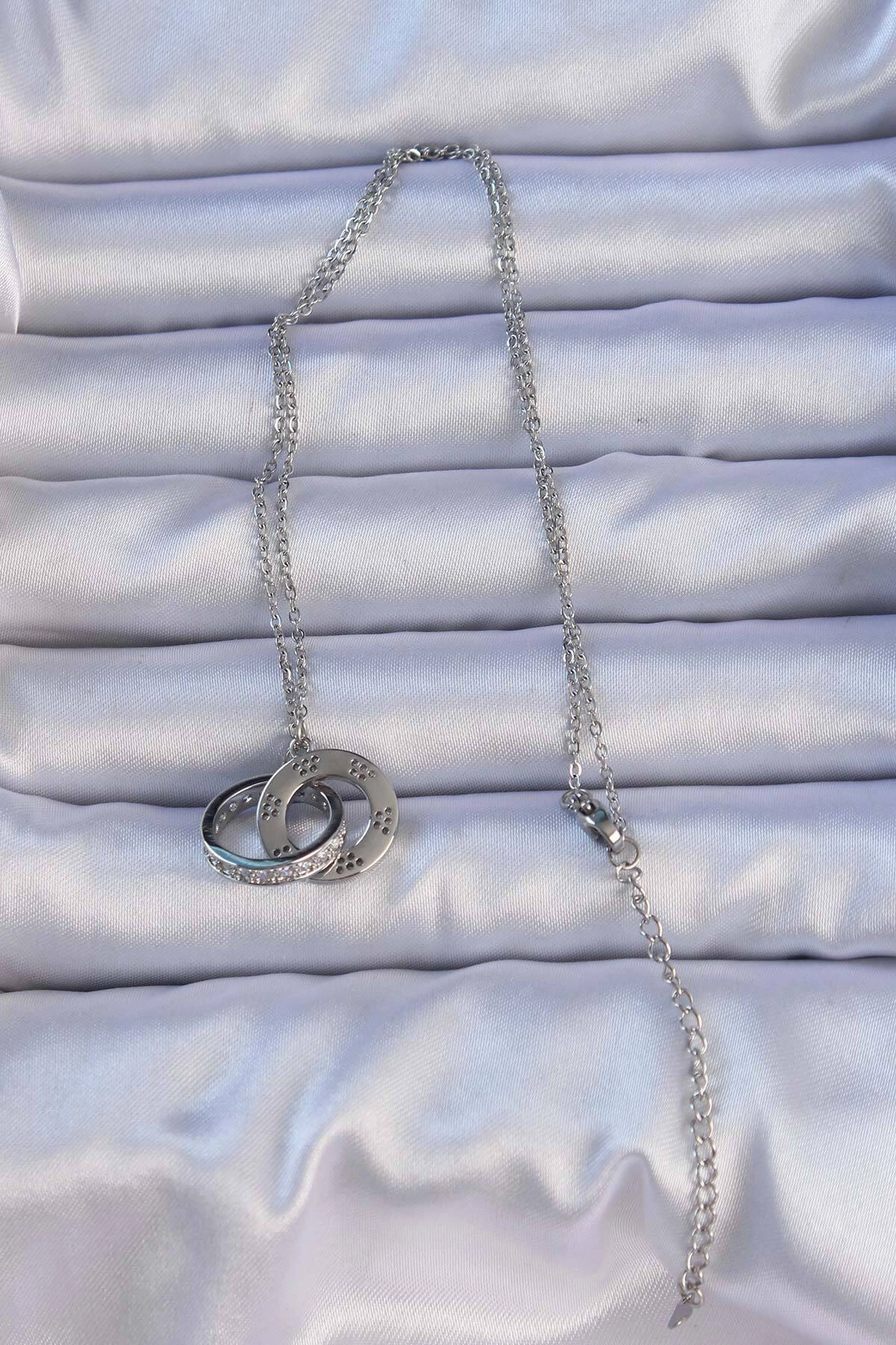 316L Çelik Gümüş Renk Zirkon Taşlı Kolye-1