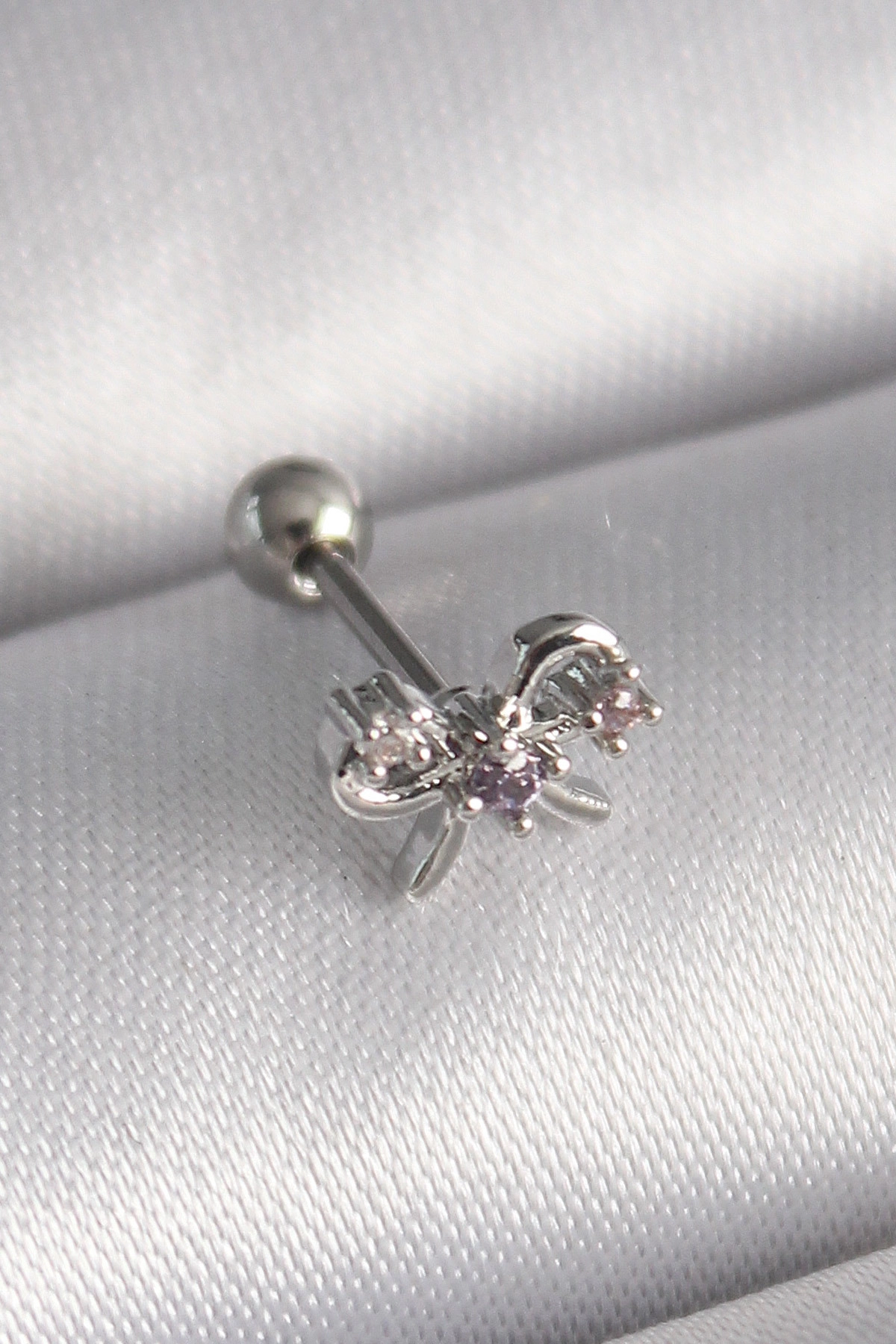 316L Çelik Gümüş Renk Zirkon Taşlı Kurdele Tragus Piercing-0