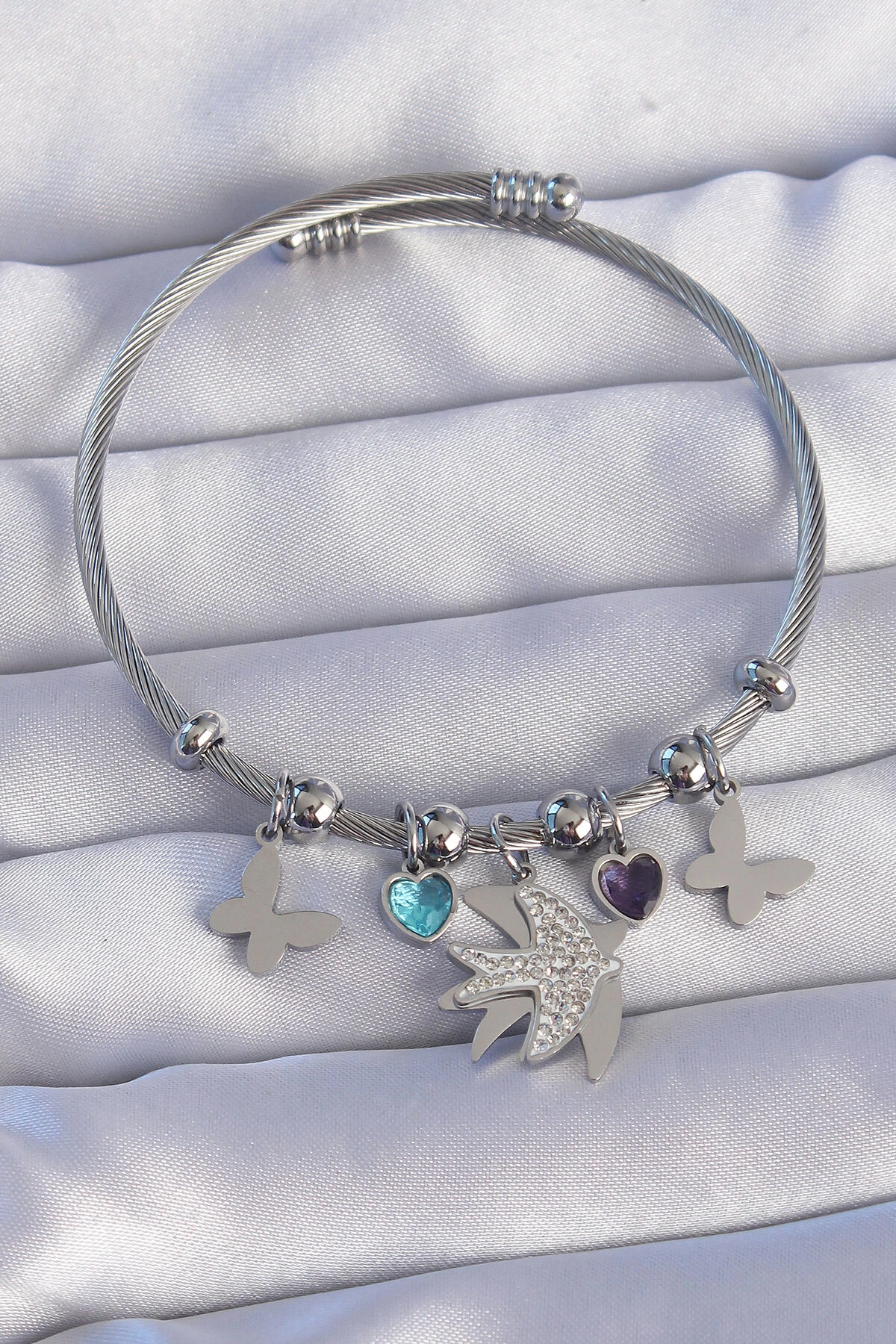 316L Çelik Gümüş Renk Zirkon Taşlı Kuş Tasarımlı Kelebek Detay Charm Bileklik-0