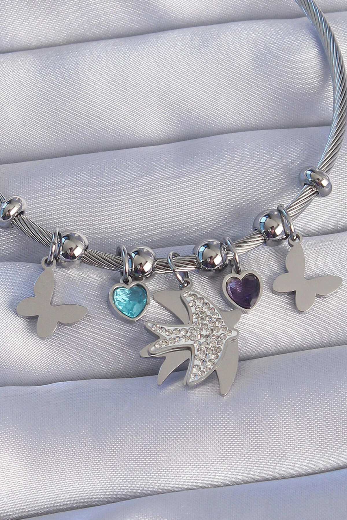 316L Çelik Gümüş Renk Zirkon Taşlı Kuş Tasarımlı Kelebek Detay Charm Bileklik-1