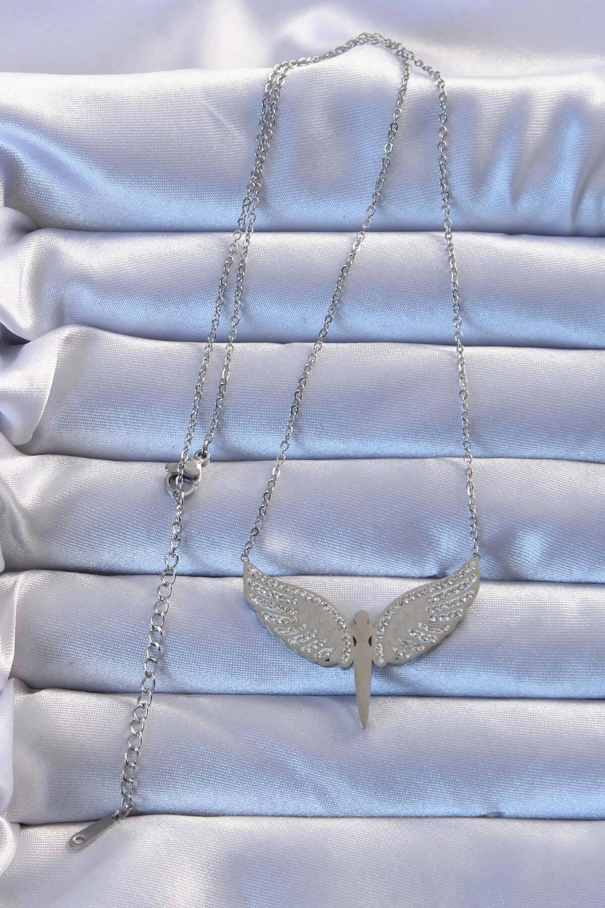 316L Çelik Gümüş Renk Zirkon Taşlı Mikail Kolye-1