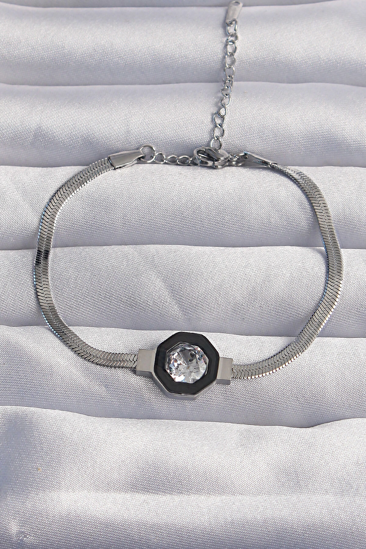 316L Çelik Gümüş Renk Zirkon Taşlı Mineli İtalyan Zincir Serenay Bileklik-0