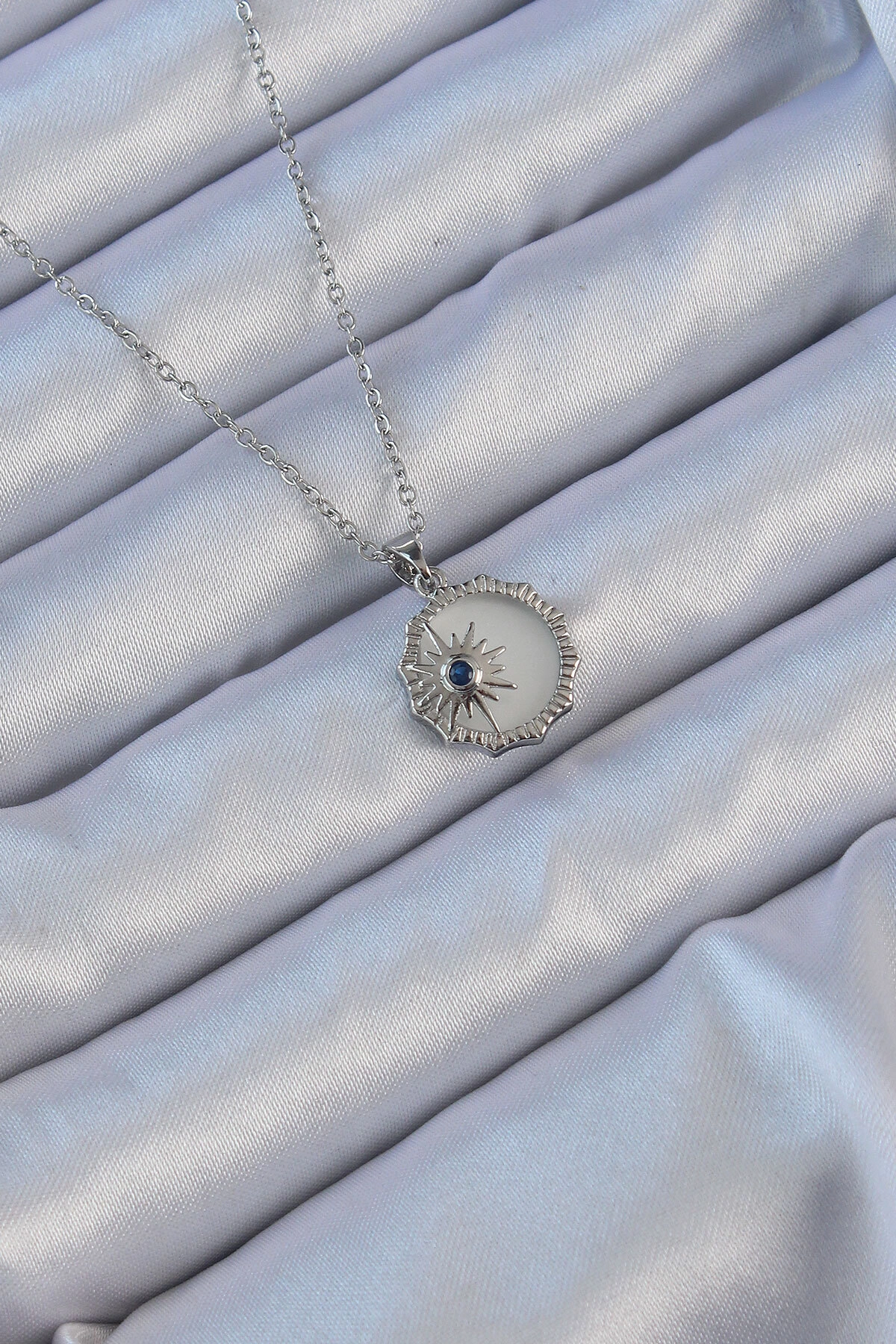 316L Çelik Gümüş Renk Zirkon Taşlı Mineli Kutup Yıldızı Kolye-0