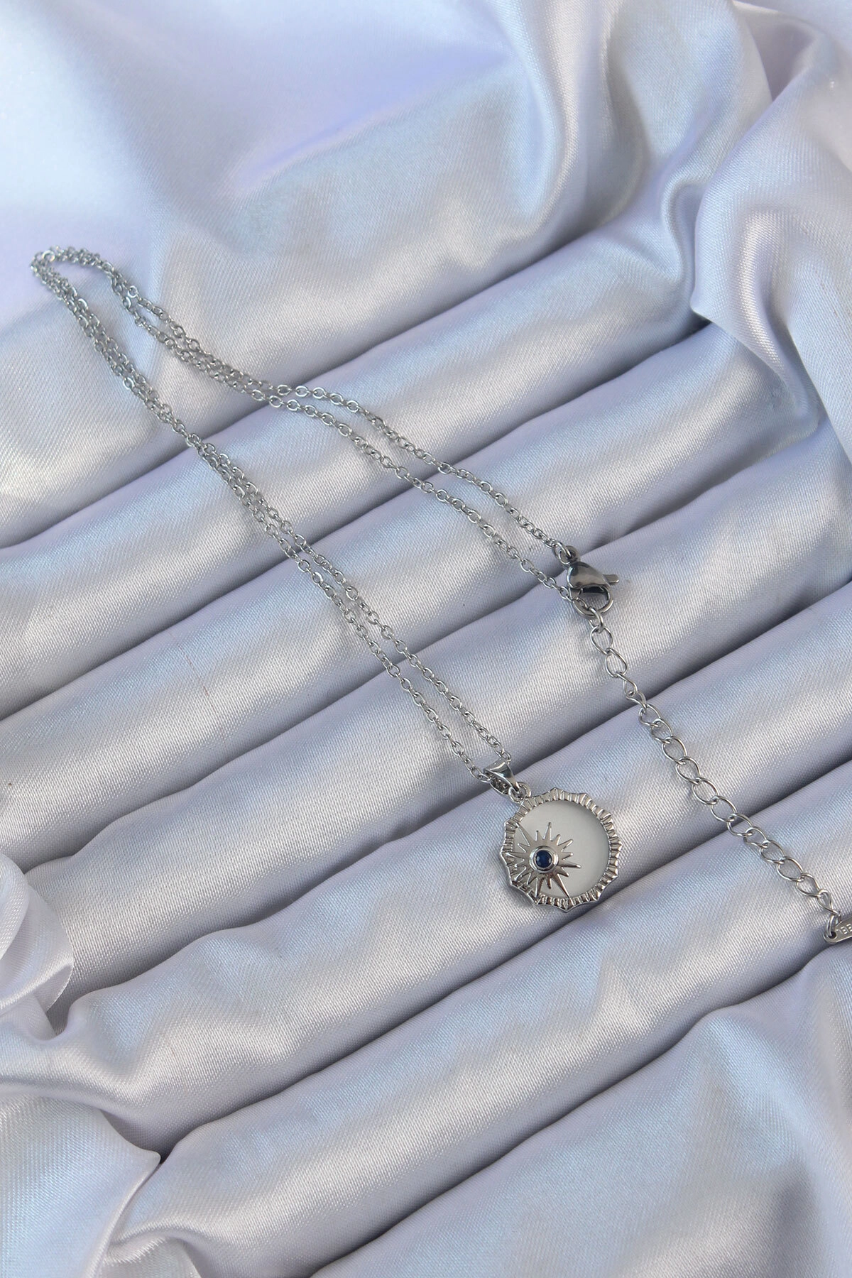 316L Çelik Gümüş Renk Zirkon Taşlı Mineli Kutup Yıldızı Kolye-1