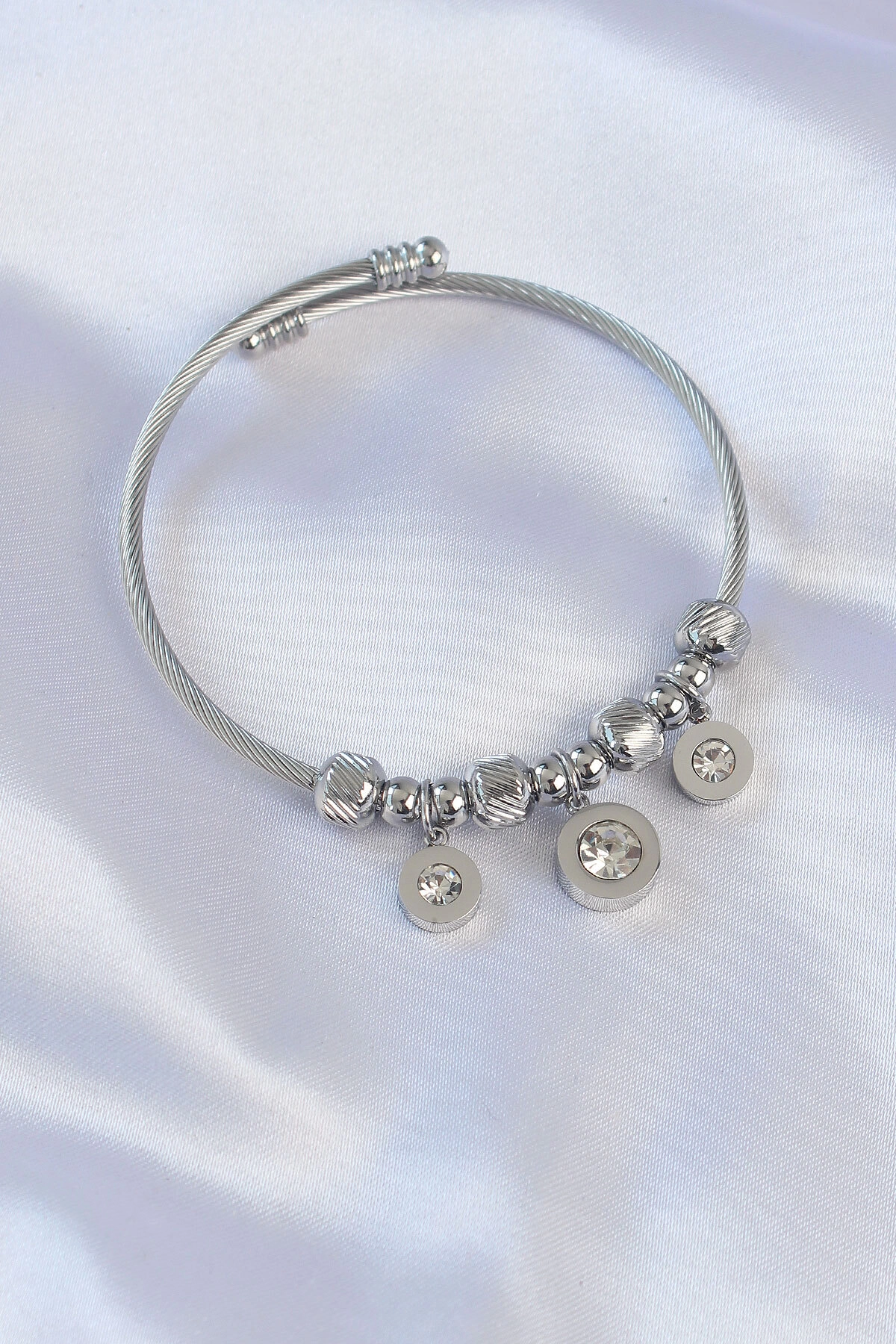 316L Çelik Gümüş Renk Zirkon Taşlı Model Charm Bileklik-0