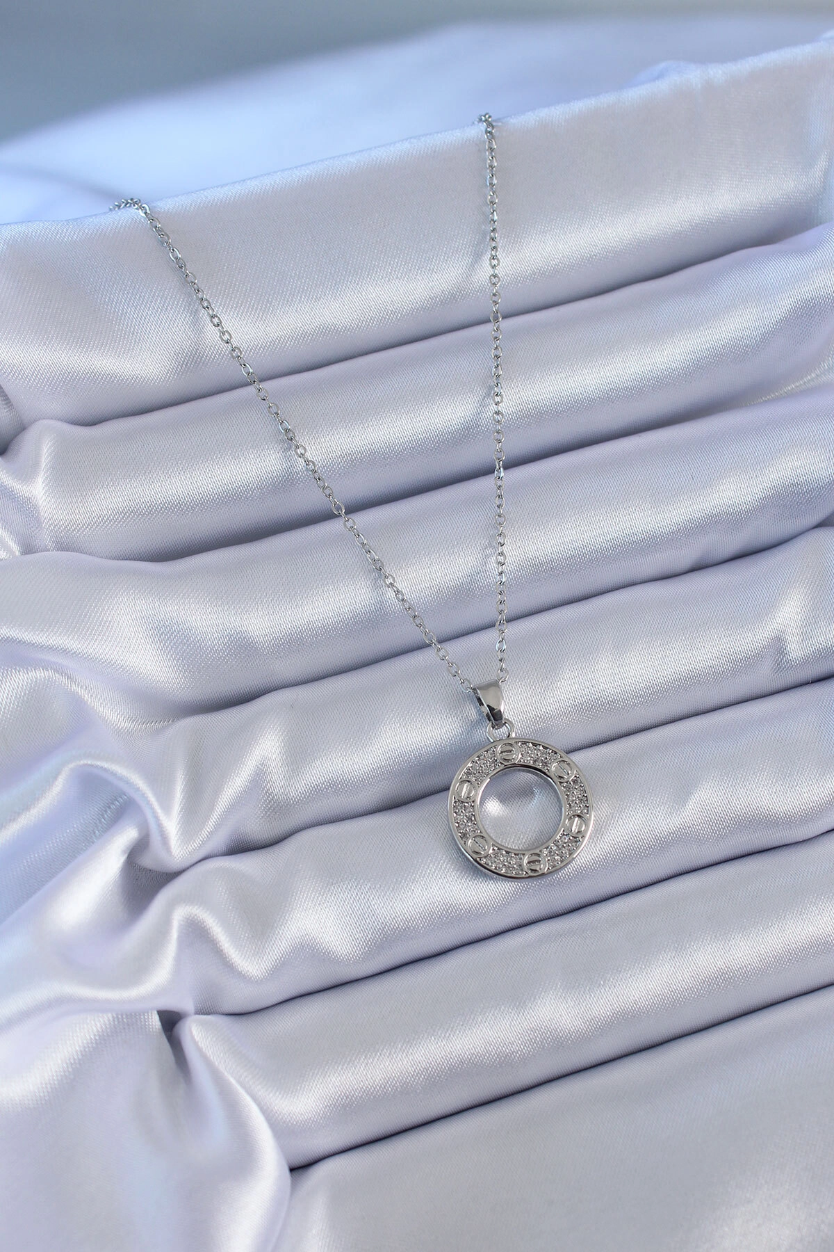 316L Çelik Gümüş Renk Zirkon Taşlı Model Kadın Kolye-1