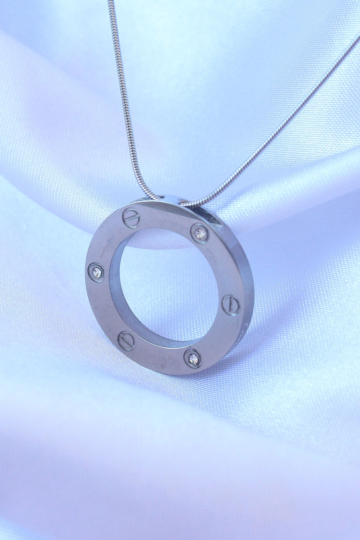 316L Çelik Gümüş Renk Zirkon Taşlı Model Kolye-1