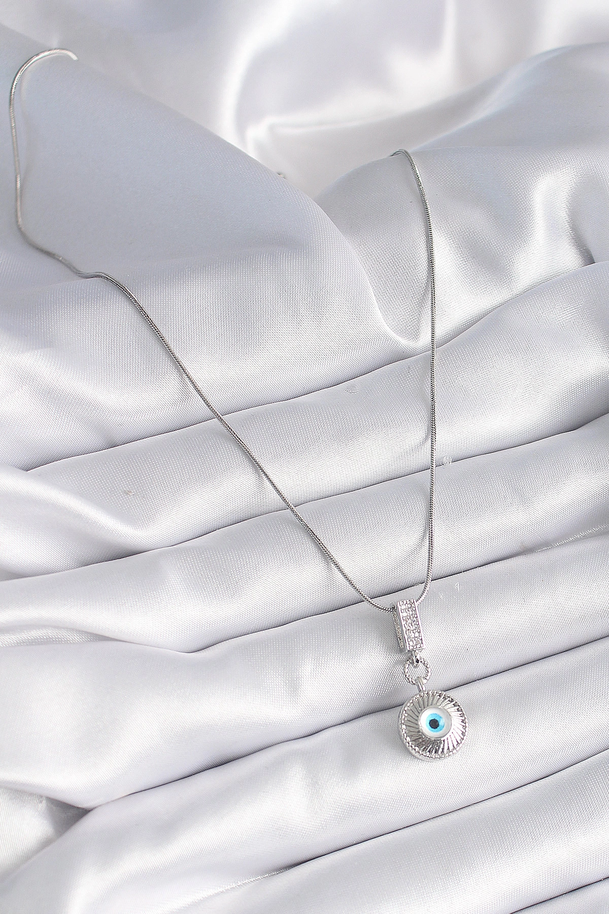 316L Çelik Gümüş Renk Zirkon Taşlı Nazar Boncuk Model Kadın Kolye-1