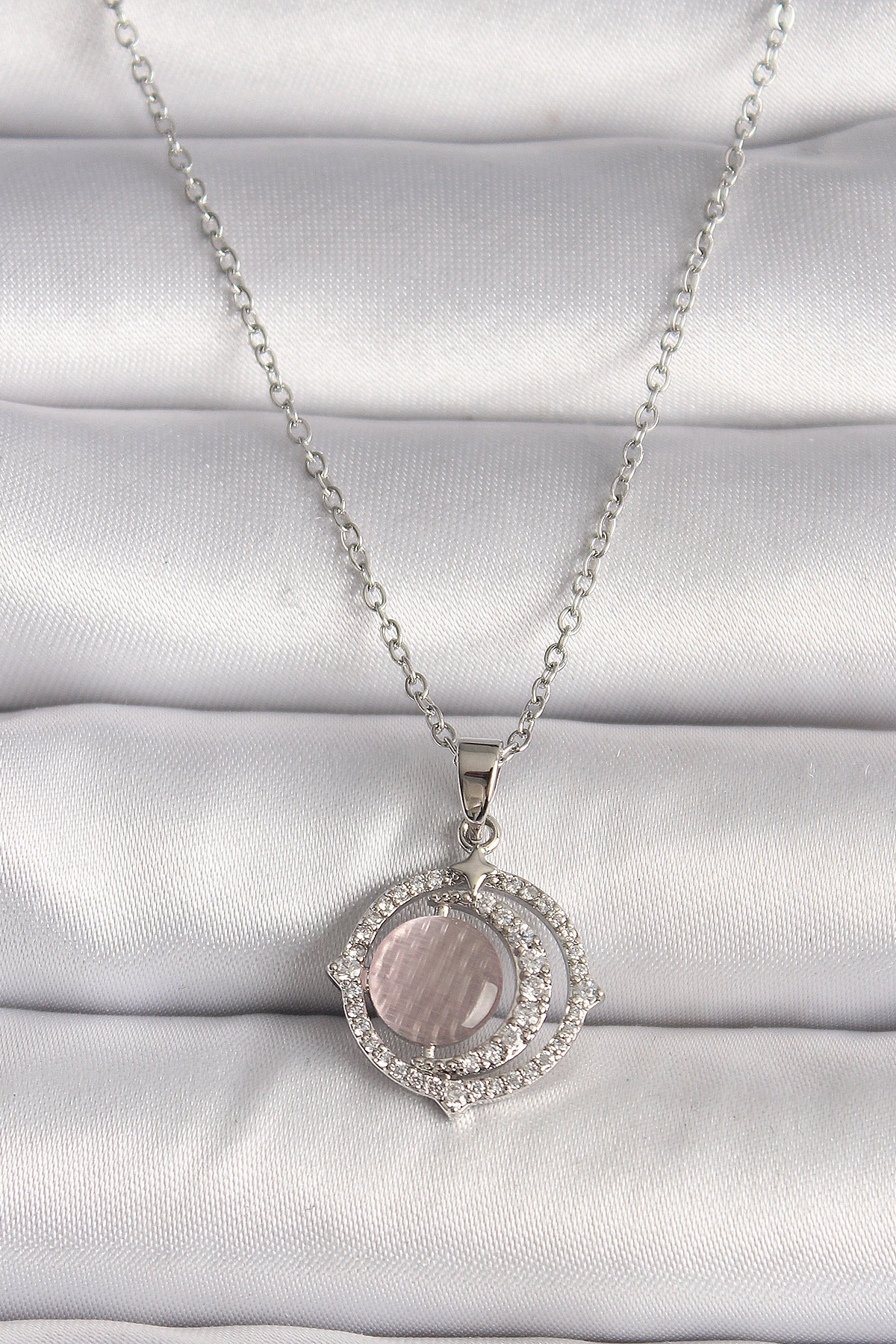 316L Çelik Gümüş Renk Zirkon Taşlı Pembe Sedefli Hilal Model Kadın Kolye-0