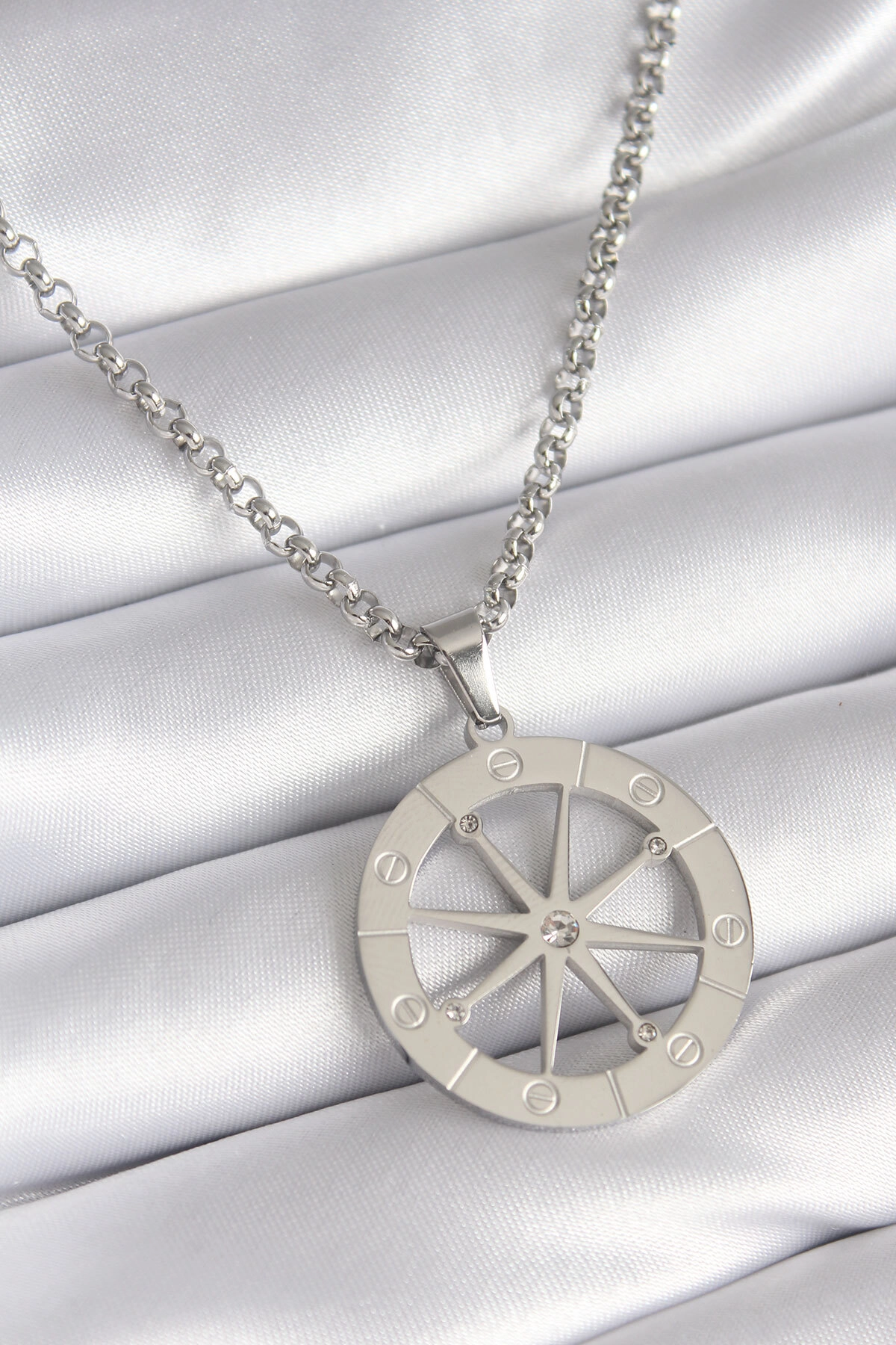 316L Çelik Gümüş Renk Zirkon Taşlı Rüya Kapanı Model İşeme Detay Kadın Kolye-0