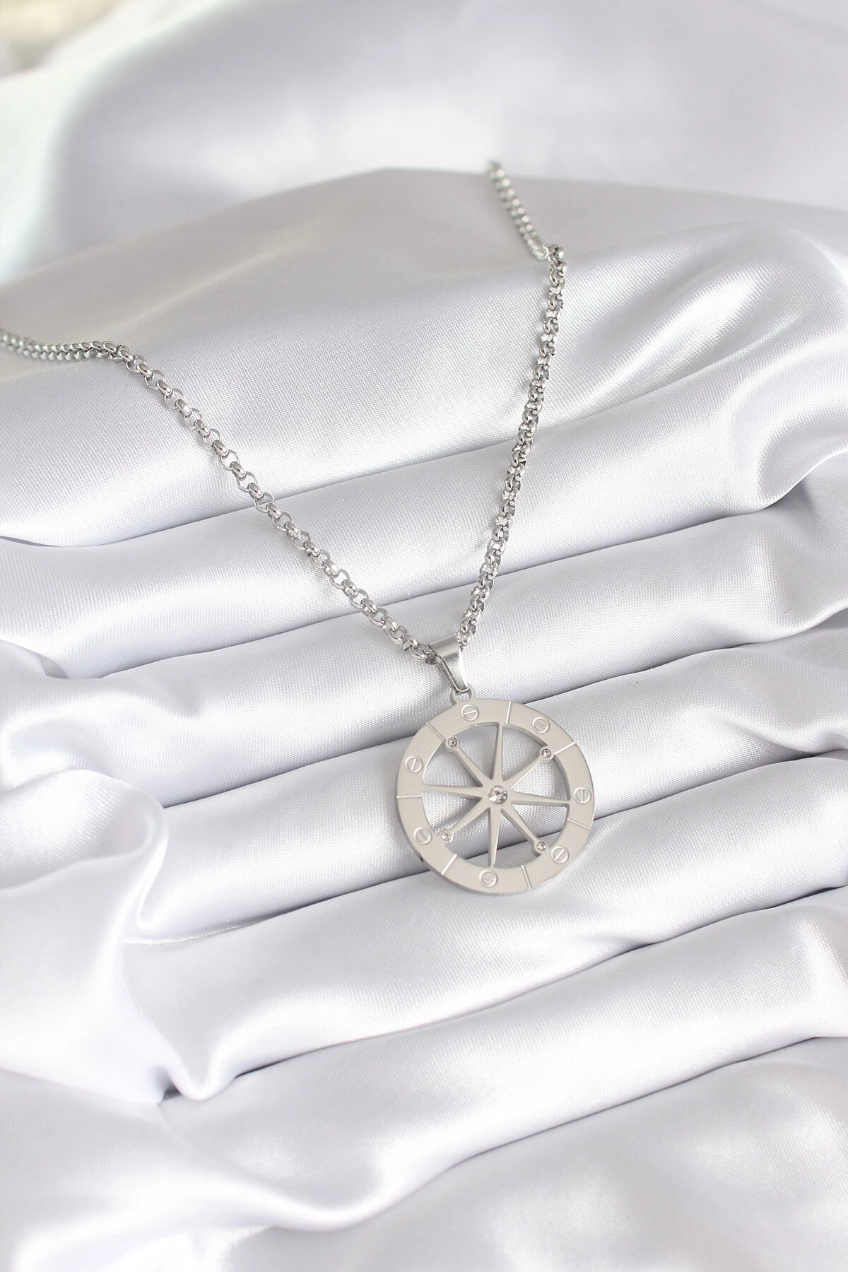 316L Çelik Gümüş Renk Zirkon Taşlı Rüya Kapanı Model İşeme Detay Kadın Kolye-1