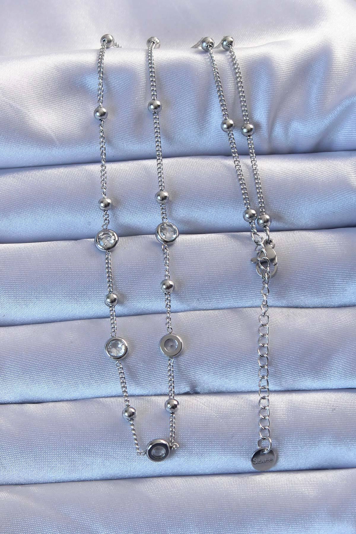 316L Çelik Gümüş Renk Zirkon Taşlı Top Zincirli Kolye-1