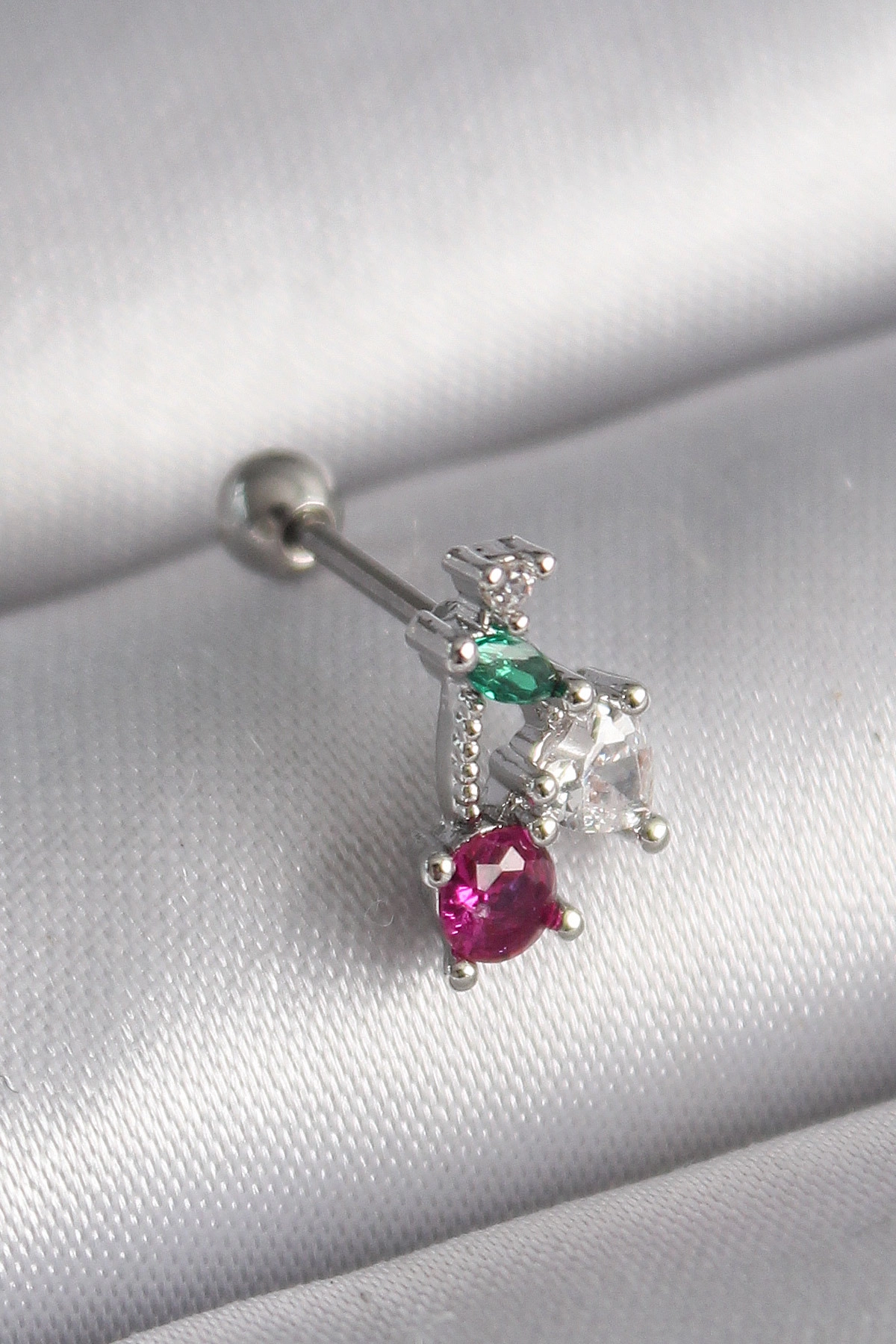 316L Çelik Gümüş Renk Zirkon Taşlı Tragus Piercing-0