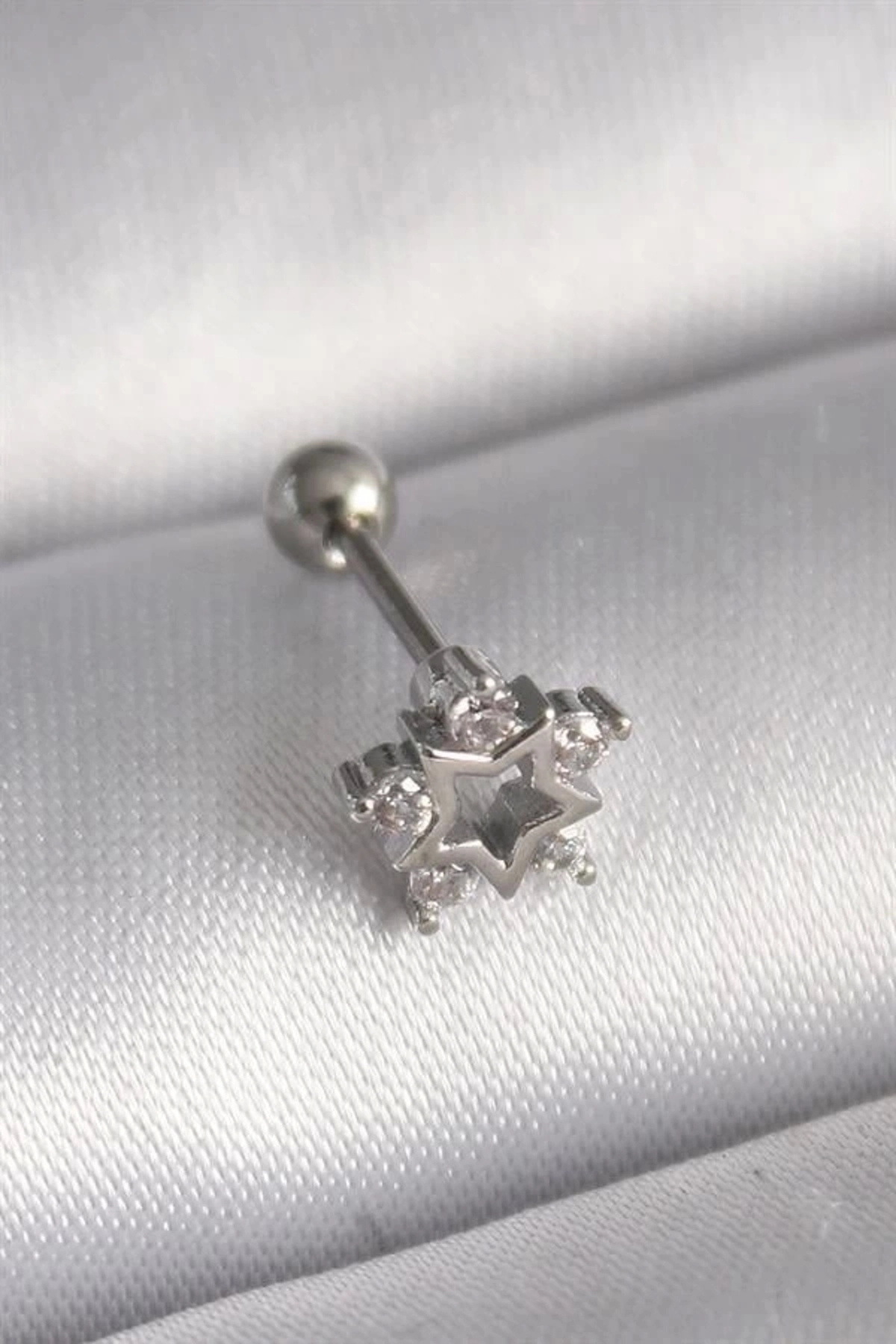 316L Çelik Gümüş Renk Zirkon Taşlı Yıldız Model Tragus Piercing-0
