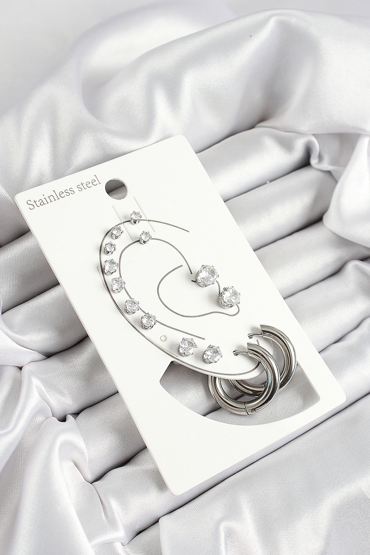 316L Çelik Halka Figürlü Ve Zirkon Taşlı Gümüş Renk 7'li Çift Kadın Küpe Set-0