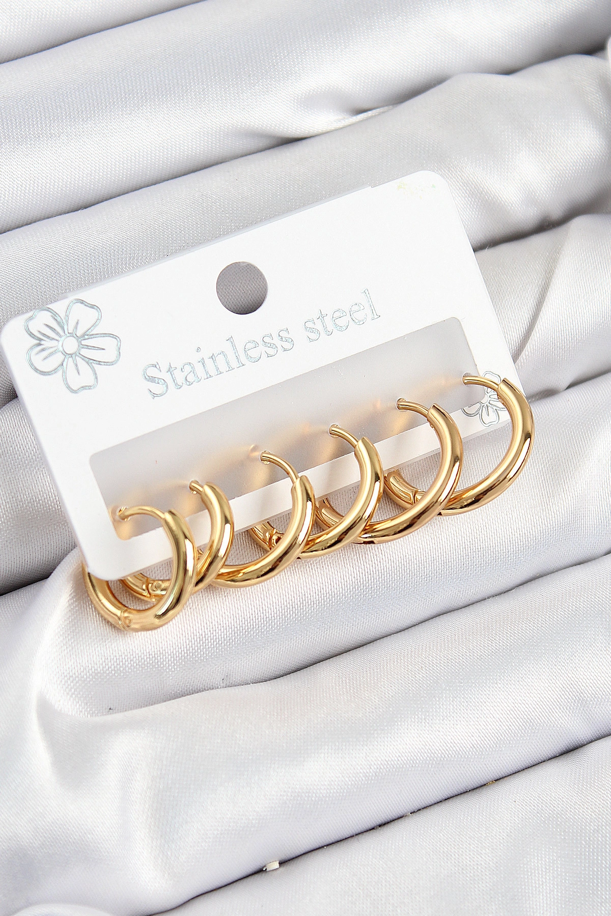 316L Çelik Halka Model Gold Renk 3'lü Set Kadın Küpe-0