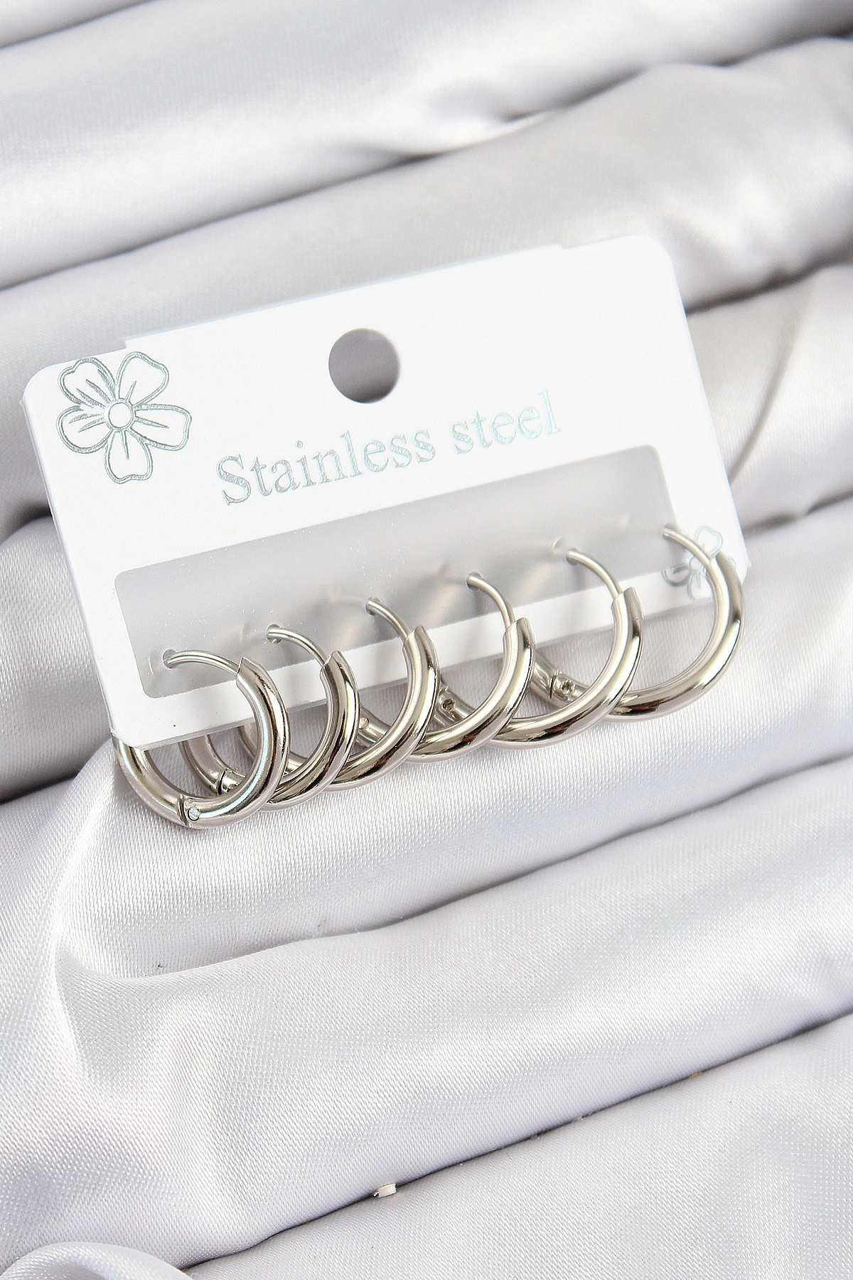 316L Çelik Halka Model Gümüş Renk 3'lü Set Kadın Küpe-0