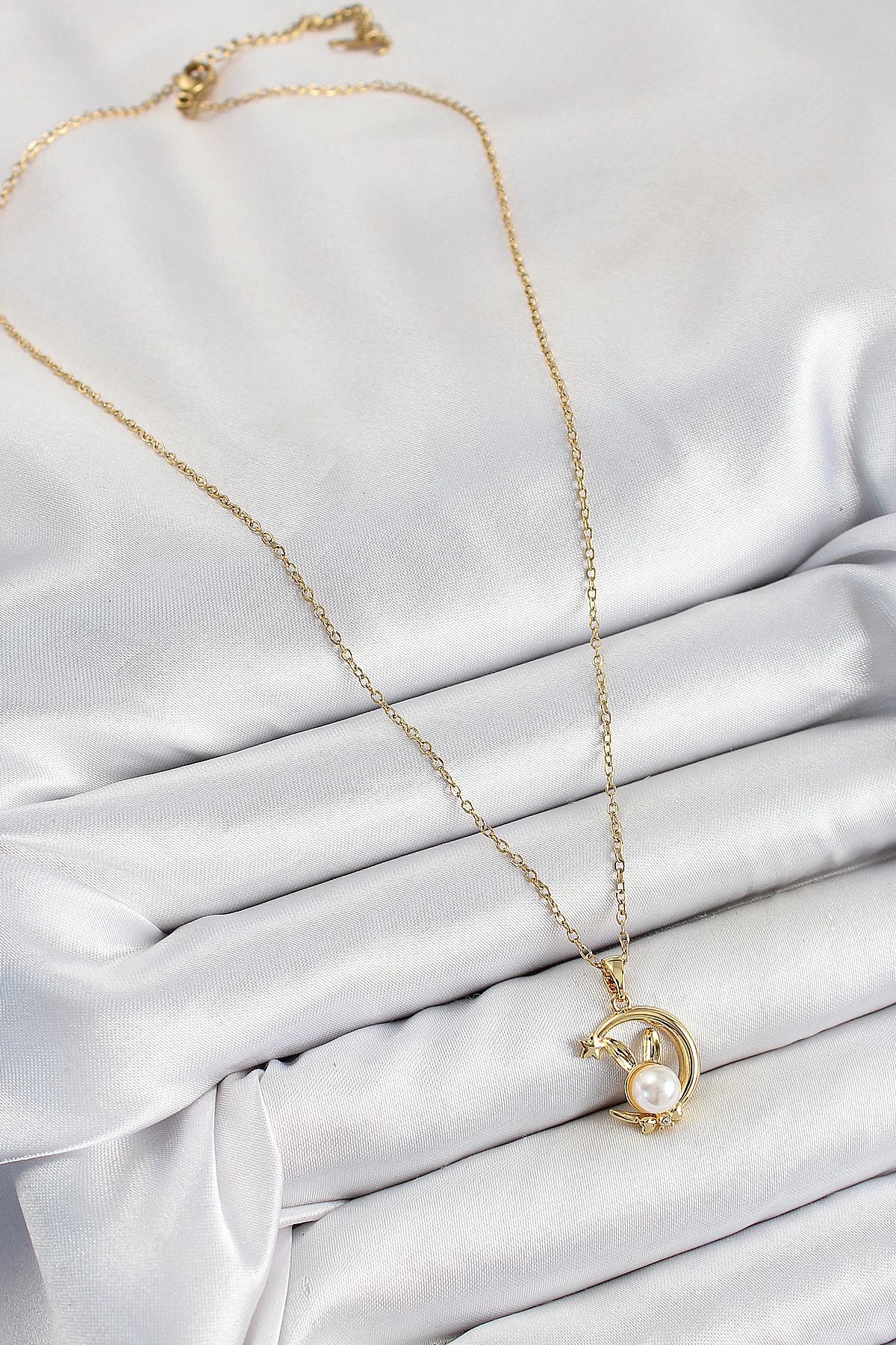 316L Çelik İnci Detaylı Hilal Tavşan Model Gold Renk Kadın Kolye-1