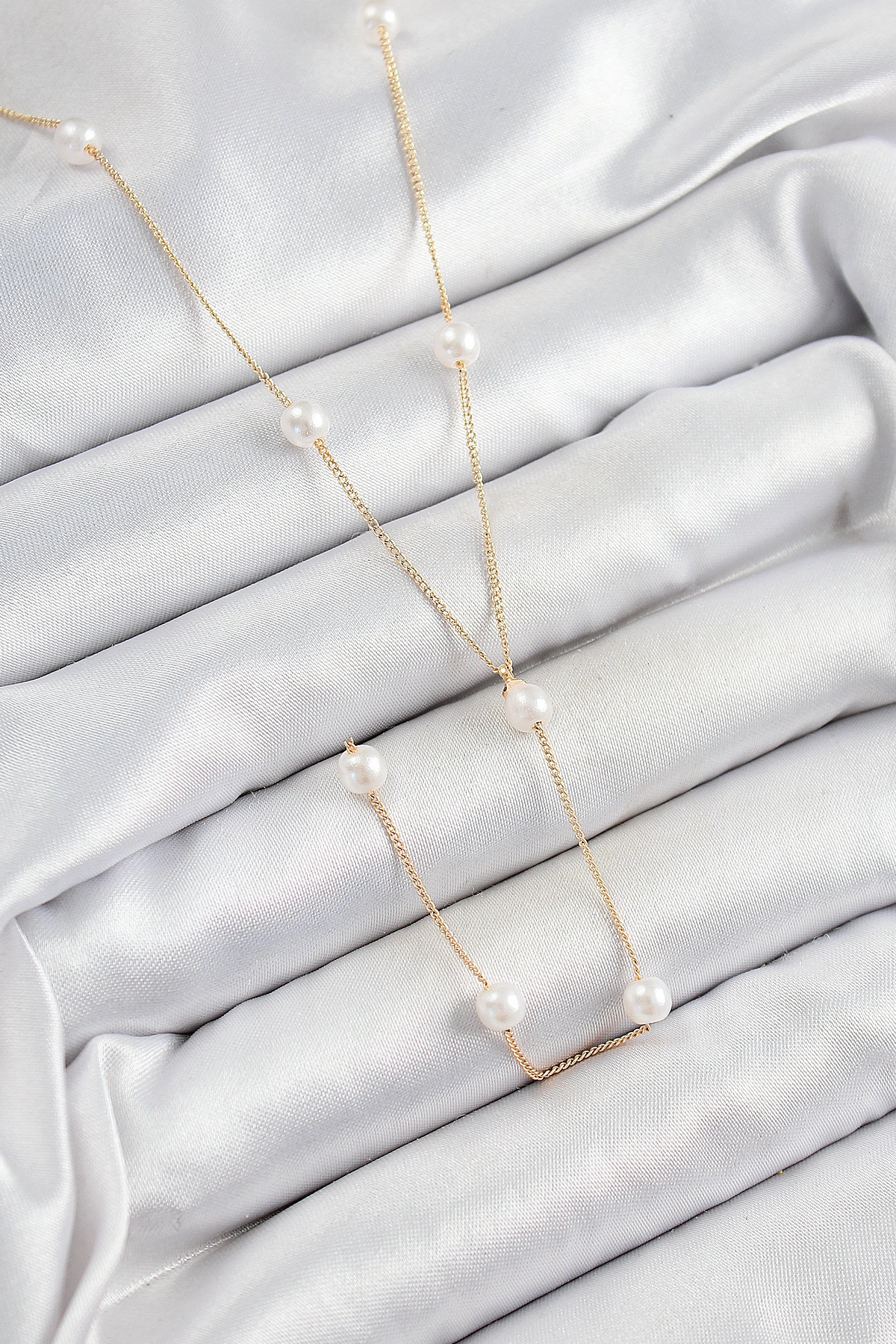 316L Çelik İnci Figürlü Y Model Gold Renk Kadın Kolye-0